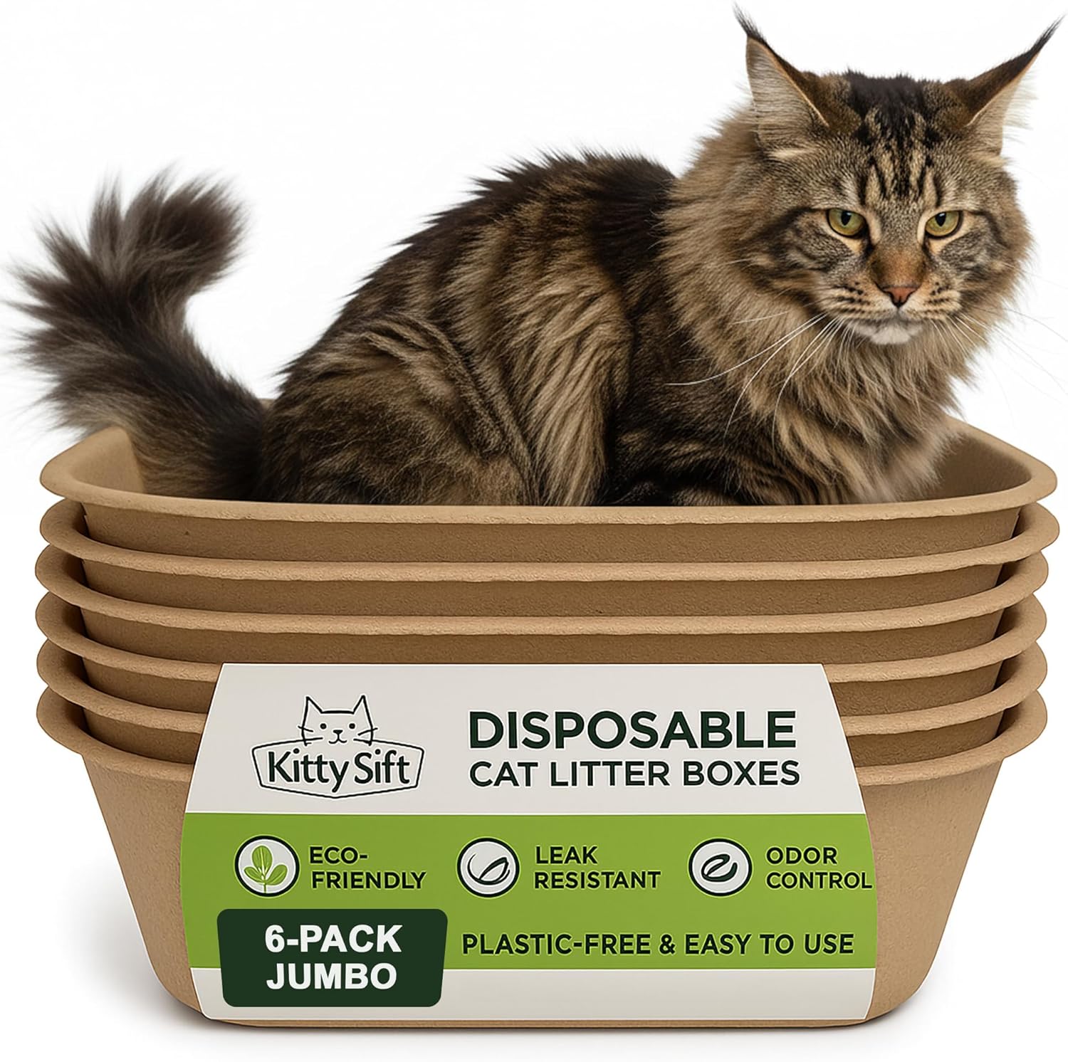 Kitty Sift Disposable Cat Litter Box Jumbo, 6 Count, Durable Portable for Travel and Home, Eco-Friendly Disposable Litter Box Controls Odor Litter Box Only Jumbo (6-Piece Set)