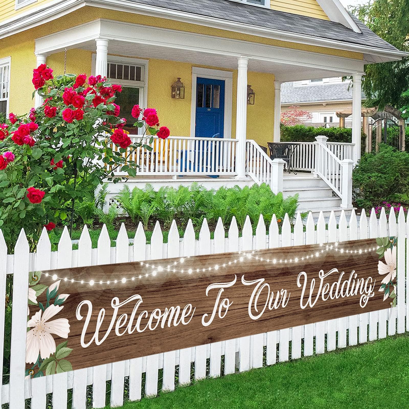 Welcome to Our Wedding Large Banner, Welcome to Our Beginning Banner Rustic Wedding Reception Decorations, Indoor Outdoor Backdrop 8.9 x 1.6 Feet