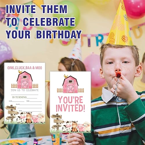 Miniatura 5 de Invitación de fiesta de cumpleaños de granja, tarjetas de invitación de animales de granja (20 unidades) con sobres, tarjetas de invitación de