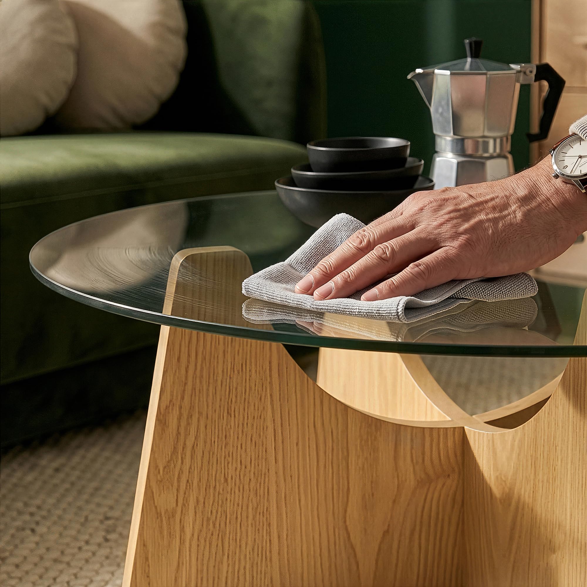[en.casa] Tavolino da Salotto con Piano Rotondo in Vetro Fumé Temperato Tavolo Basso Centrale da Caffè Ø70 x 35 cm per Soggiorno Living Studio - Effetto Rovere/Grigio Fumo