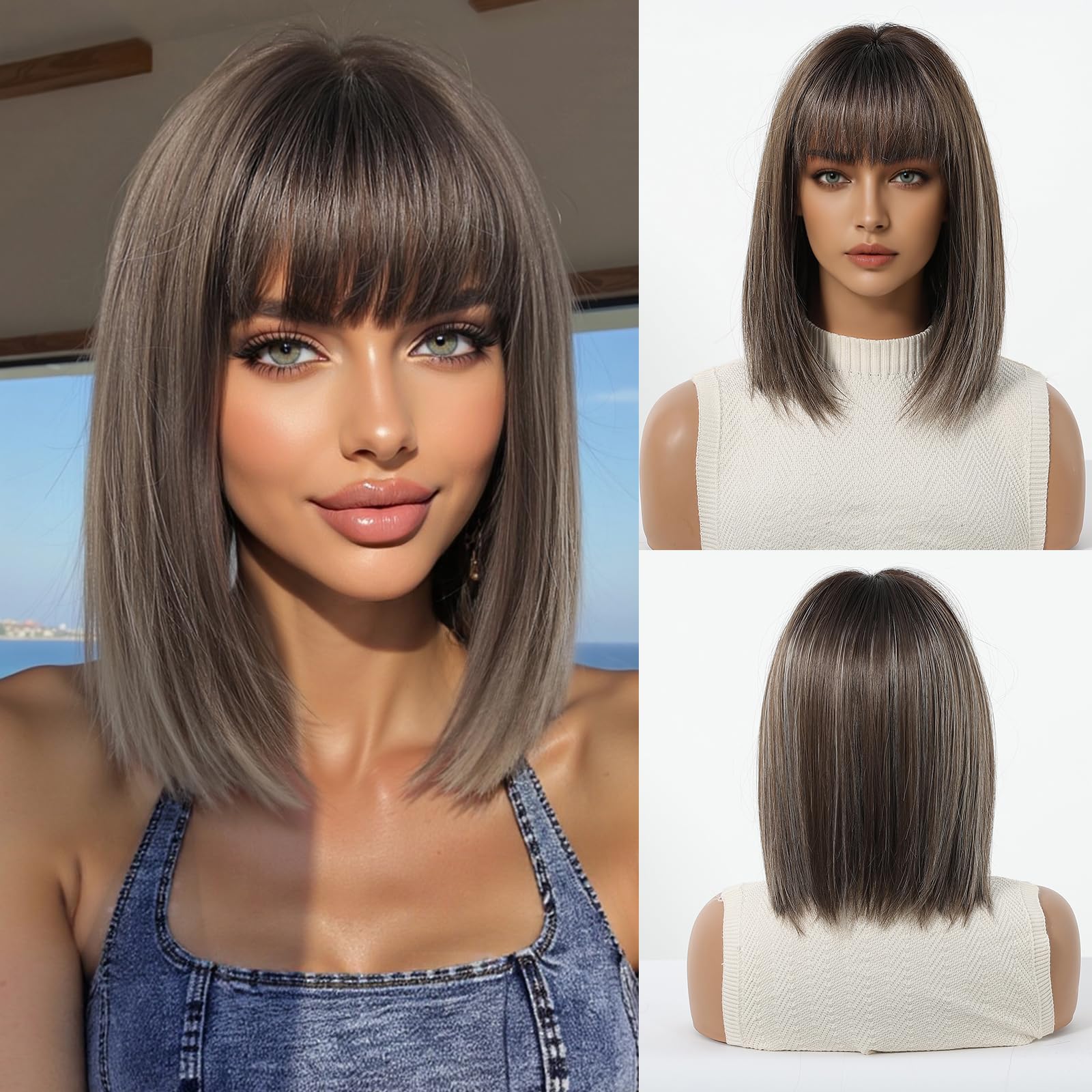 Esmee Short Straight Brown for Women Natural Synthetic Hair Ombre Wig for Daily & Party Use, Brown 1305-1, 12 Inches