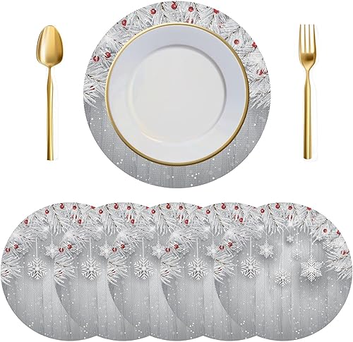 Miniatura 9 de Juego de 6 manteles individuales redondos, manteles individuales de copos de nieve dorados de Navidad, resistentes al calor, para mesa de comedor,