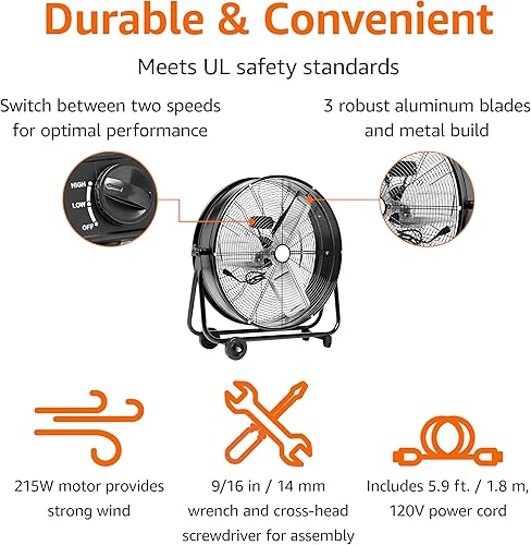 Miniatura 2 de Amazon Basics Ventilador de tambor industrial de alta velocidad de 24 pulgadas y 215 W, portátil, 2 velocidades, flujo de aire de hasta 8820 CFM,