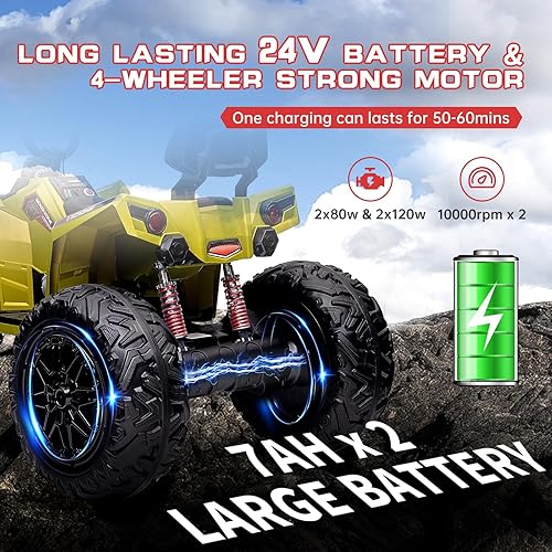 Miniatura 3 de GAOMON Vehículo ATV para niños, 24 V, vehículo eléctrico cuádruple de juguete 4WD, motor potente de 4 x 80 W, con batería grande de 7 AHx2, mango de