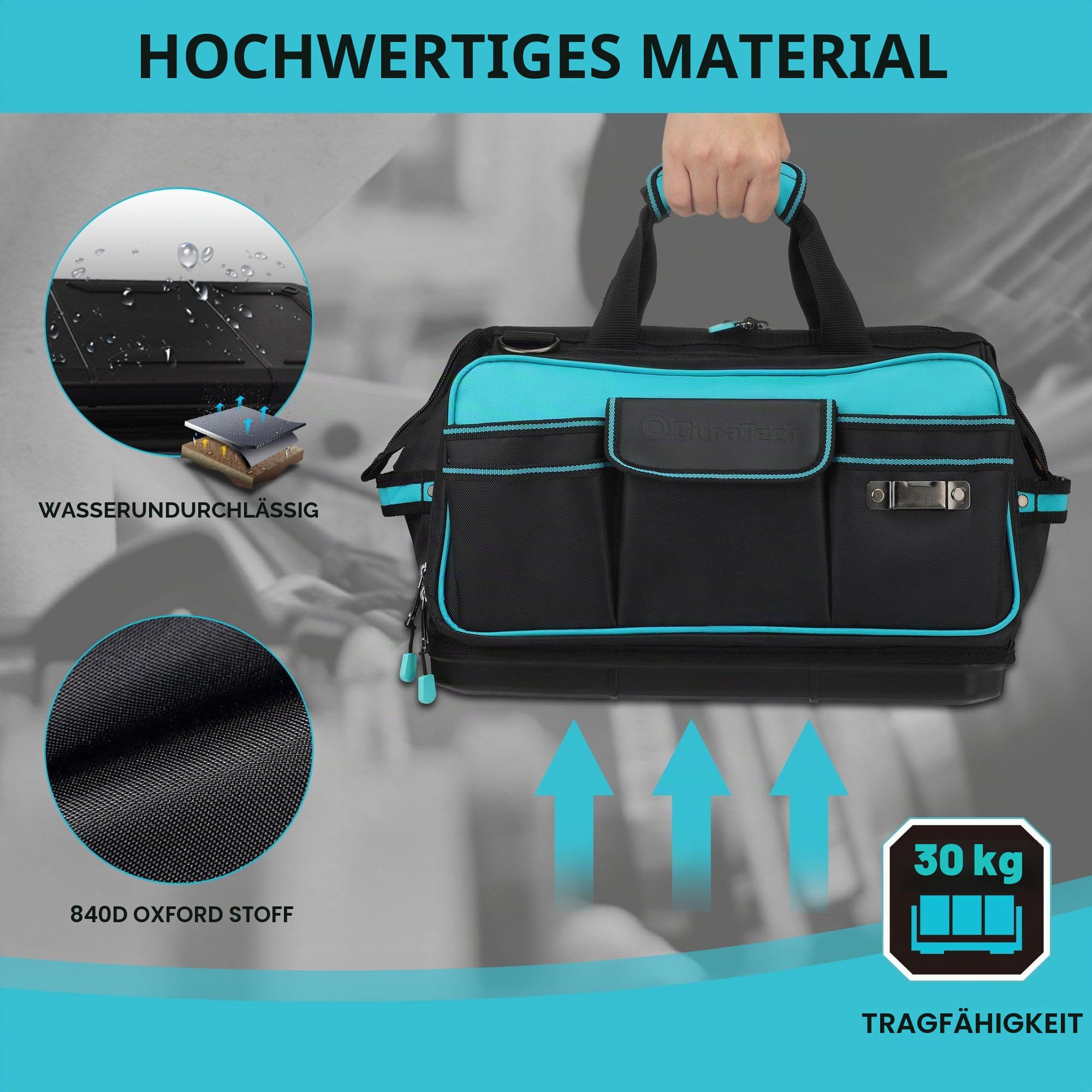 DURATECH Werkzeugtasche Elektriker 43cm, Wasserdicht, 32 Taschen | 840D Polyester, breite Öffnung, hohe Kapazität, verstellbarer Gurt, Clip-Design, für Heimwerker und Handwerker