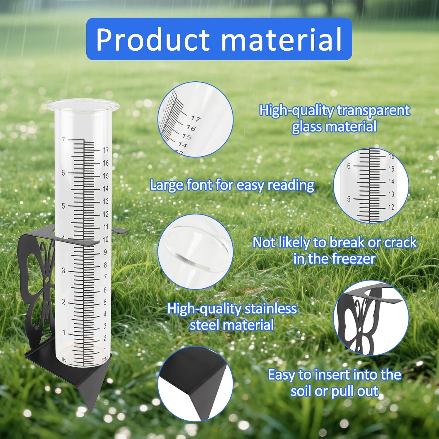 TBWHL 7" Glass Rain Gauge with Stainless Steel Butterfly Rack for Outdoor image 3