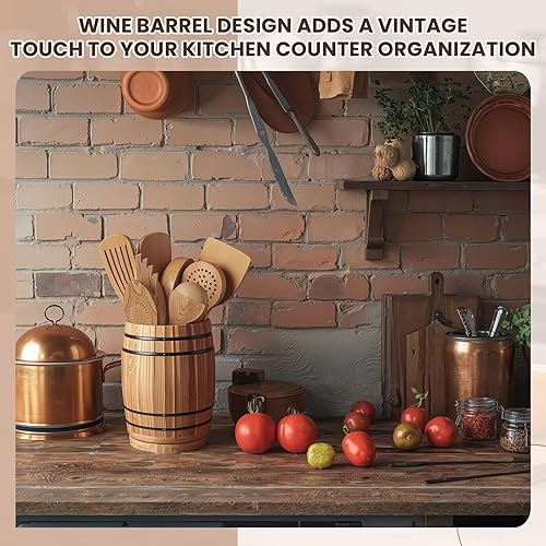 Miniatura 5 de Honeydak Soporte de utensilios de madera para encimera de cocina, diseño de barril de vino giratorio de 360, cuchara de cocina grande, organizador