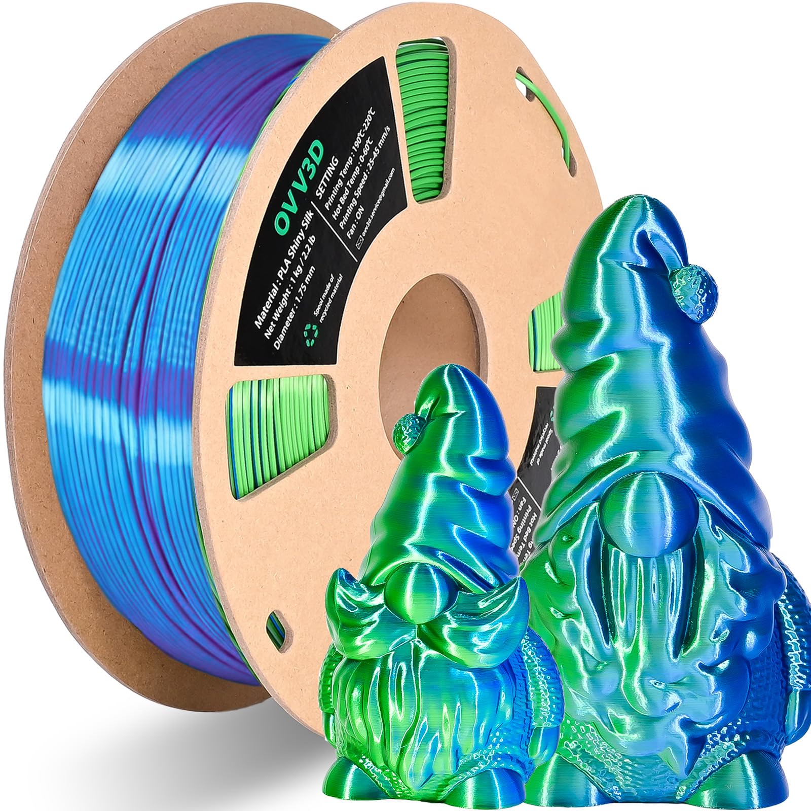 OVV3D PLA Filament 1.75mm, Silk PLA Dual Color Blue Green 3D Printer Filament, High Speed 3D Printing Filament，Silk Blue Green Filament 1.75mm+ /-