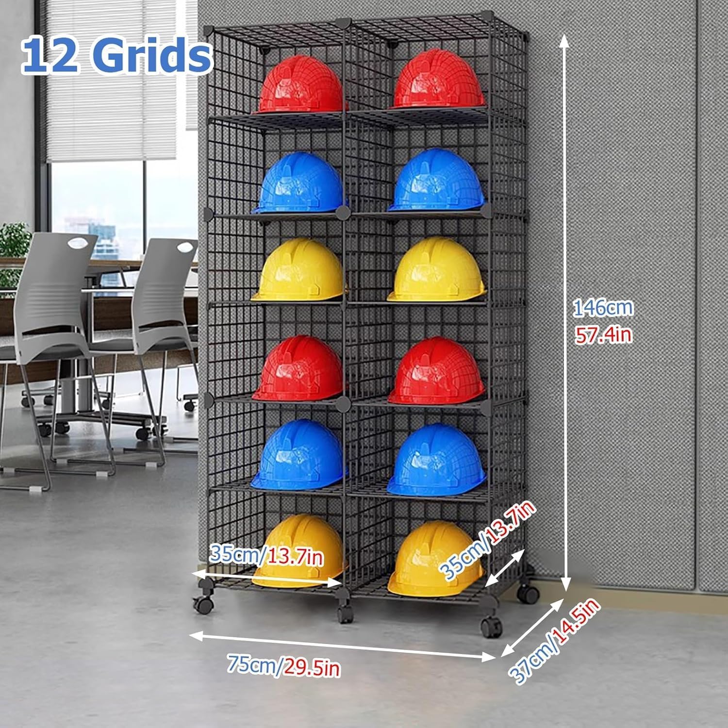 Stackable Safety Helmet Storage Boxes Large Adjustable Hard Hat Placement Rack with Wheels for Construction Site/Workshop/Factory - Multifunctional Safety Helmet/Helmet Display Shelf (2 * 6)