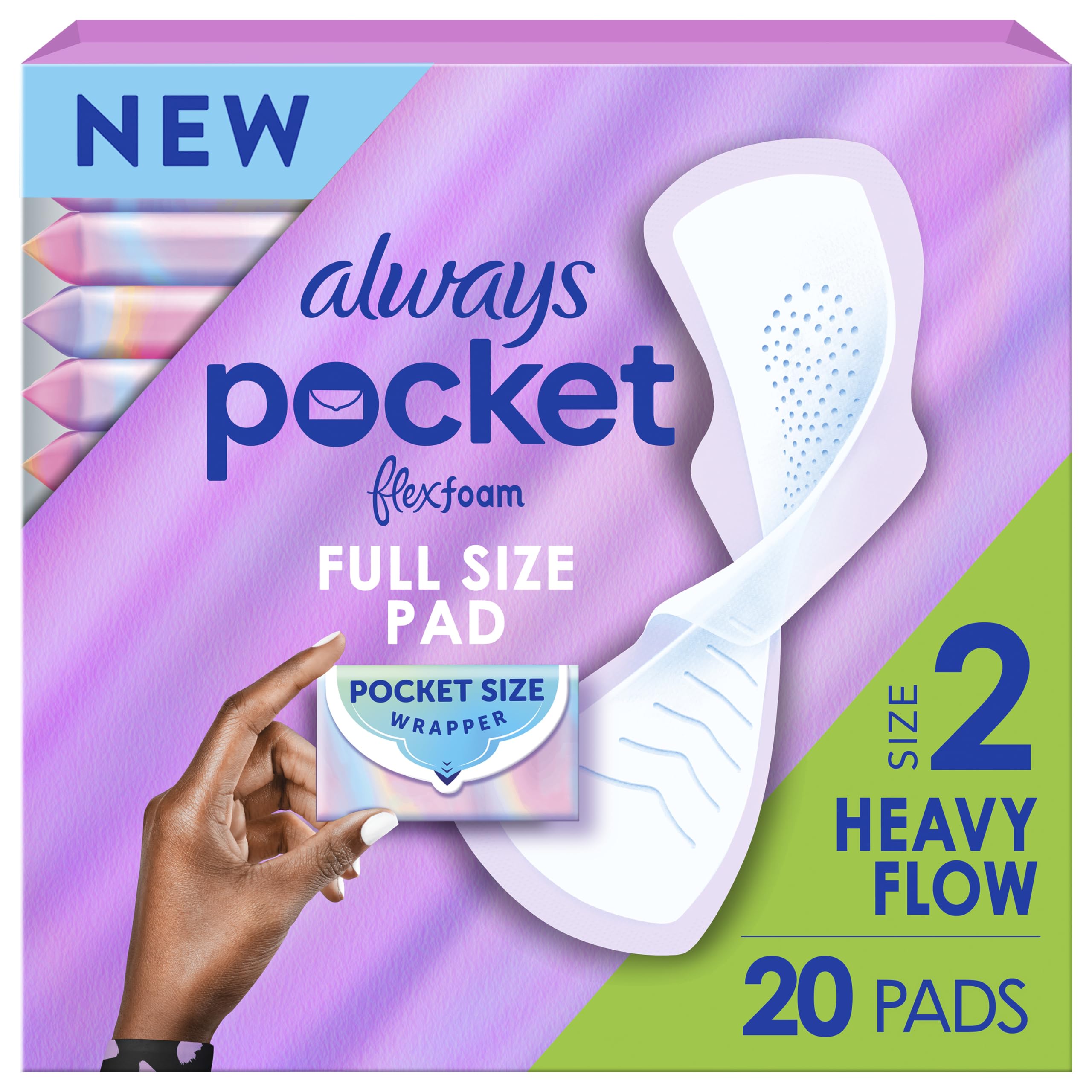 Always Pocket Feminine Pads for Women with FlexFoam, Size 2, Heavy Flow, with Wings, Unscented, 20 Count 2 20