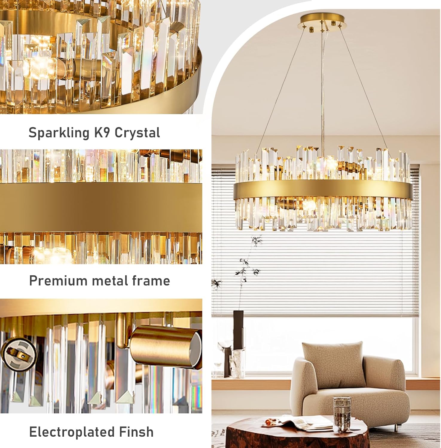 24'' Modern Gold Crystal Chandeliers, 12-Lights K9 Crystal Luxury Raindrop Chandelier Light Fixture,3 Colors Contemporary Pendant Ceiling Light for Dining Room Living Room Entryway Foyer