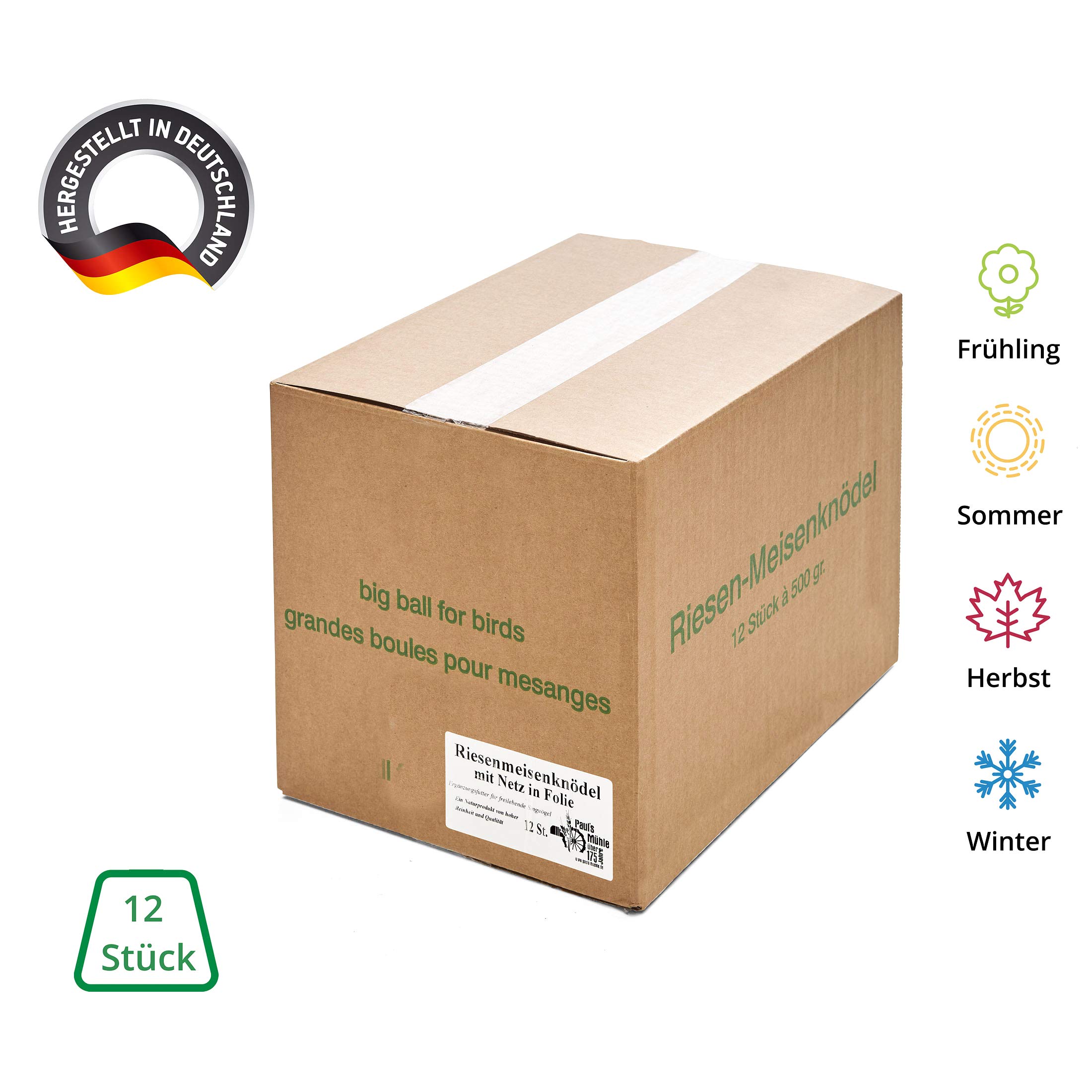 Paul's Mühle Riesen-Meisenknödel, Premium Ergänzungsfutter für Wildvögel, mit Netz im Karton, 24 Stück (2 x 12 x 500 g)