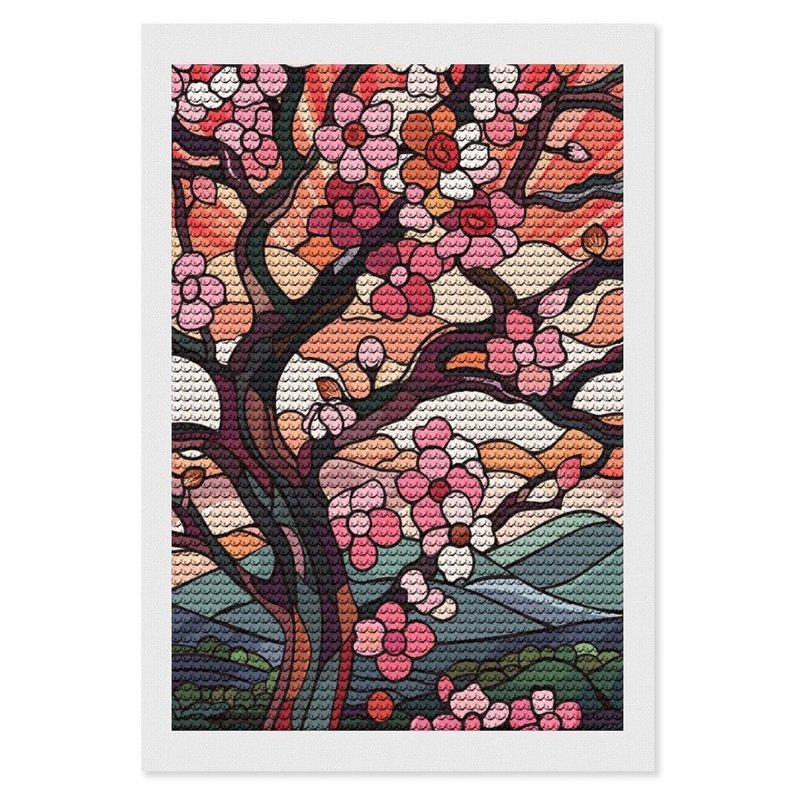 Junmoney Stained Glass Cherry Blossoms at Sunset Full Drill Diamond Painting Kit 8"x12", Sparkling Round Gems, Decorate Your Room, Mindful Craft Activity