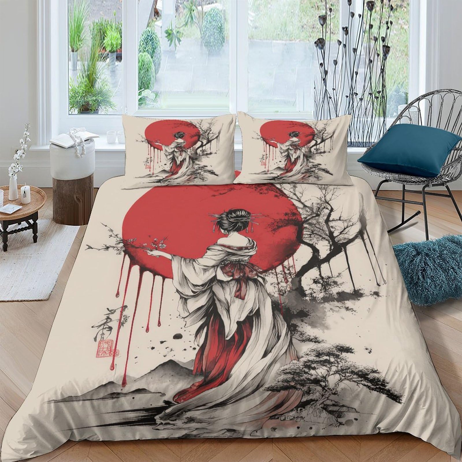 Housse de couette légère sans repassage motif japonais pour lit double