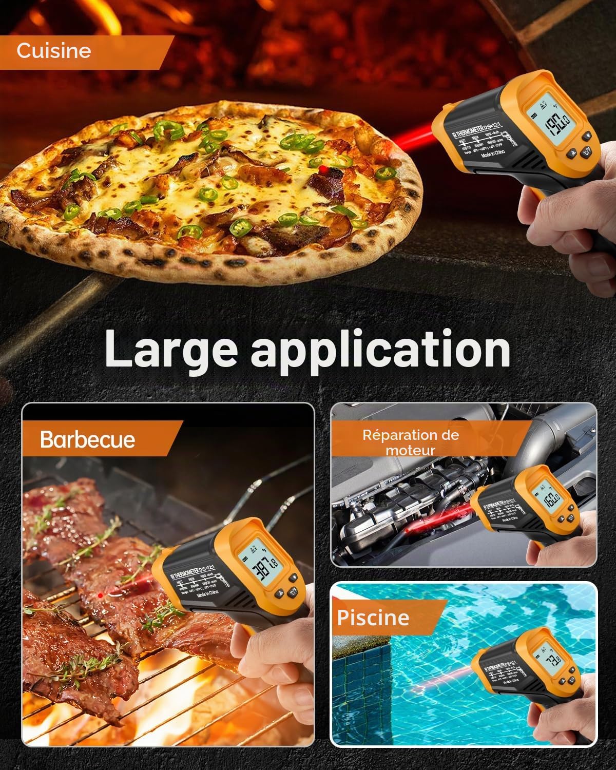 Eventek Thermometre Laser, -50 ° C ~ 600 ° C (-58 ° F ~ 1112 ° F) Thermomètre Infrarouge Sans Contact avec Emissivité Réglable, thermometre four a pizza pour Cuisine/BBQ/Industrie Thermomètre à Viande