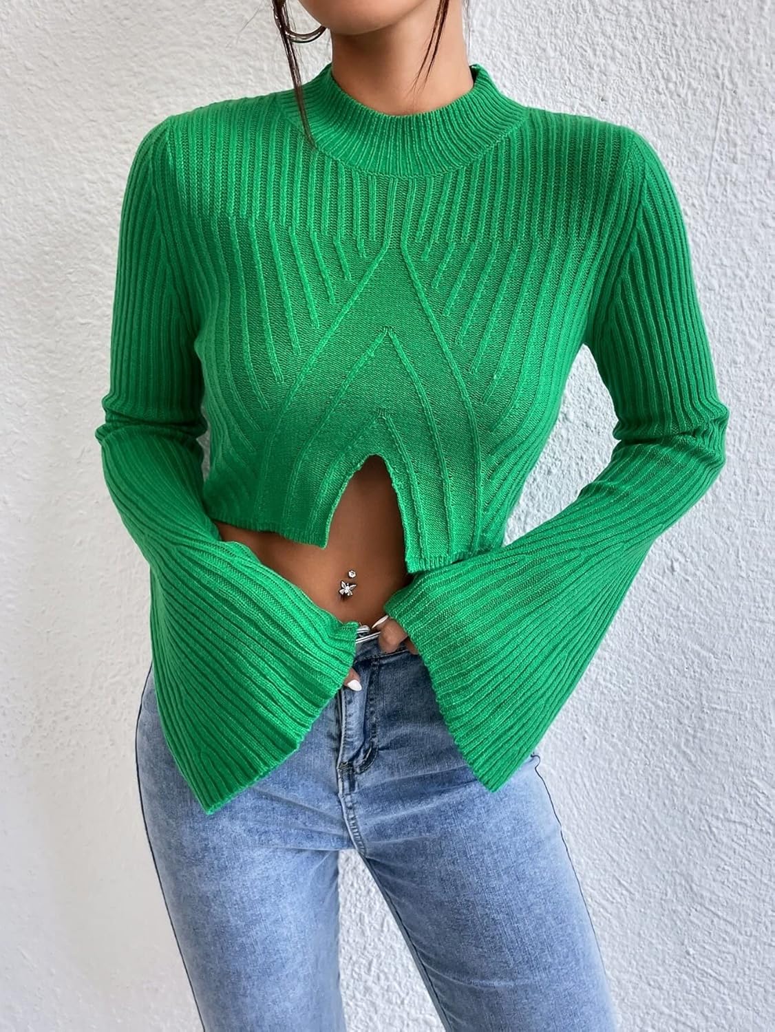 Women's Sweater Mock Neck Flounce Sleeve Asymmetrical Hem Crop Sweater Sweater for Women (Color : Green, Size : Medium)