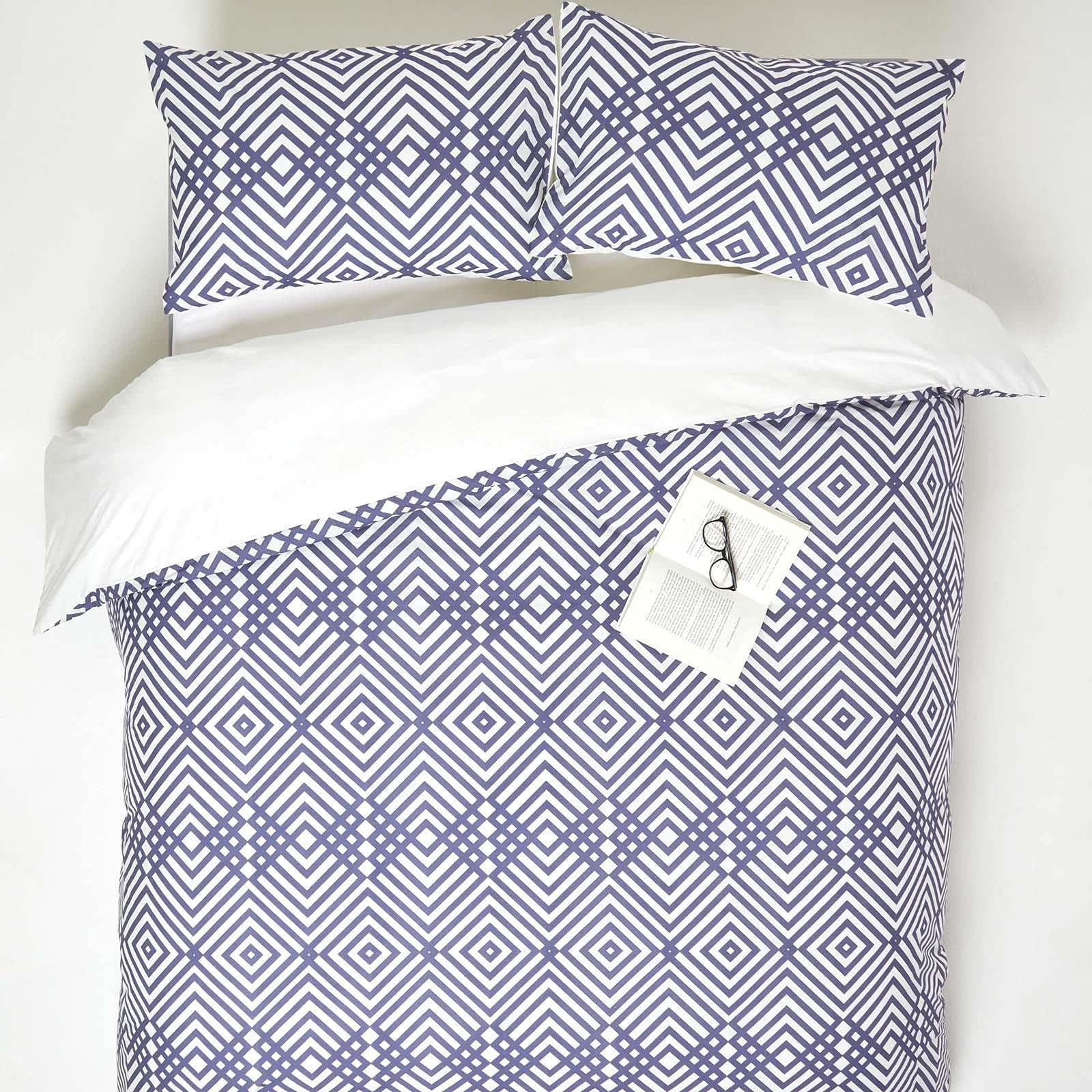 Percale de coton parure de lit bleue géométrique respirante et douce pour la peau