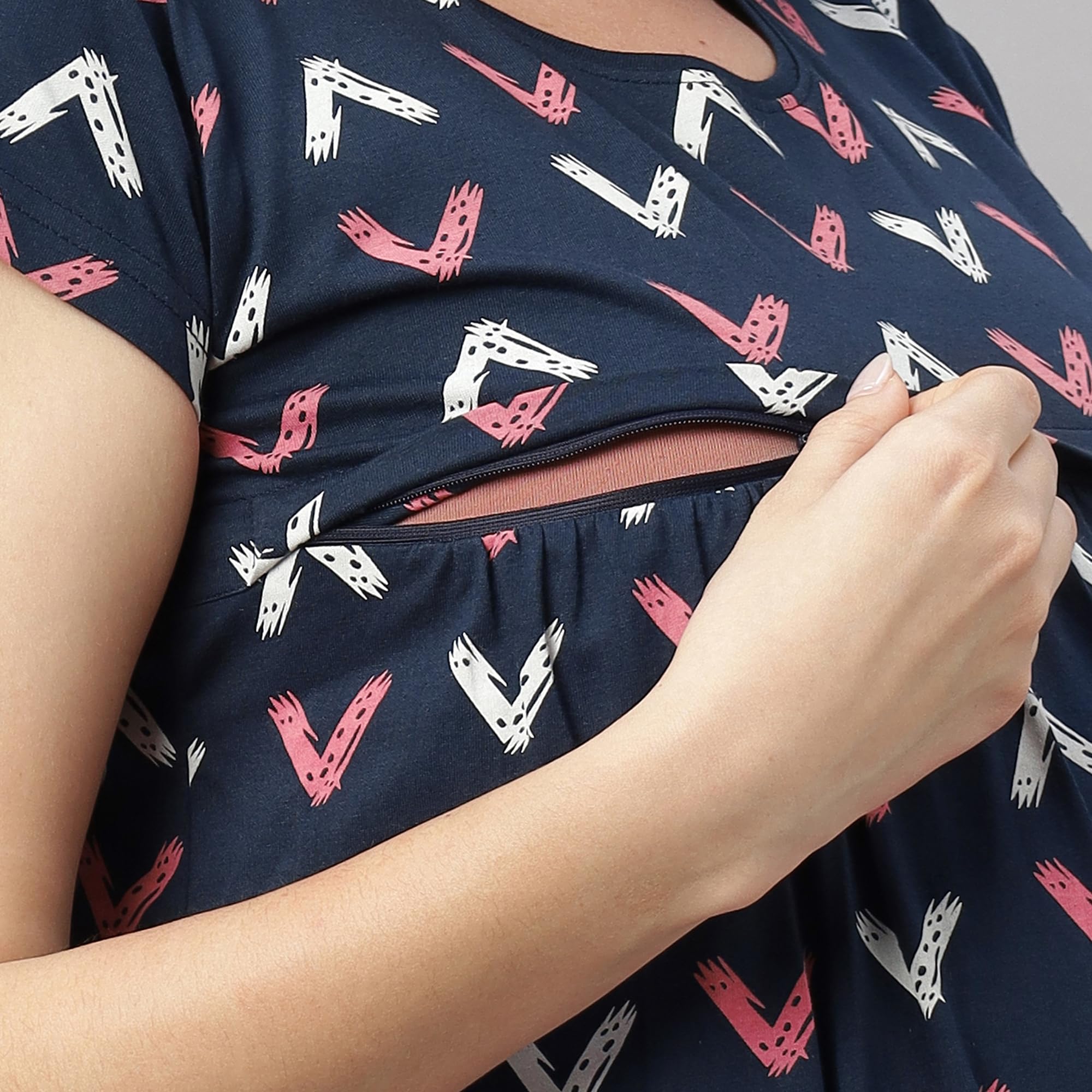 DZZO Cotton New Women's Printed Maternity Night Suit | Comfortable Feeding Night Dress | for Breathable Nursing Pajama Set | Color - Navy, Size - XL - Image 7 thumbnail