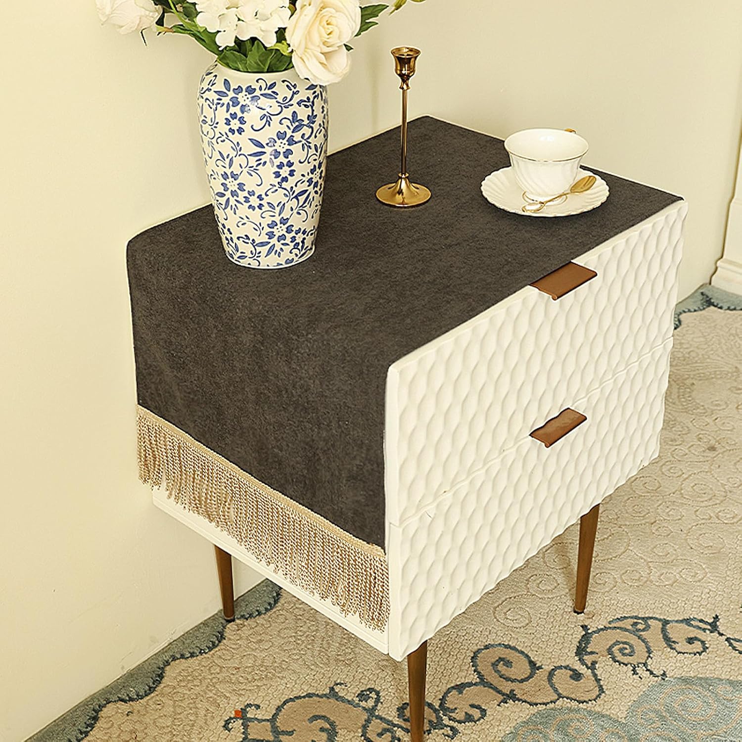 Extra-Thick Pet Scratch-Resistant Nightstand Cover,Charcoal Gray Velvet End Table Runner with Gold Tassels,Non-Slip&Wrinkle-Resistant Tablecloth for Bedroom or Living Room,51.2" L x 15.7" W