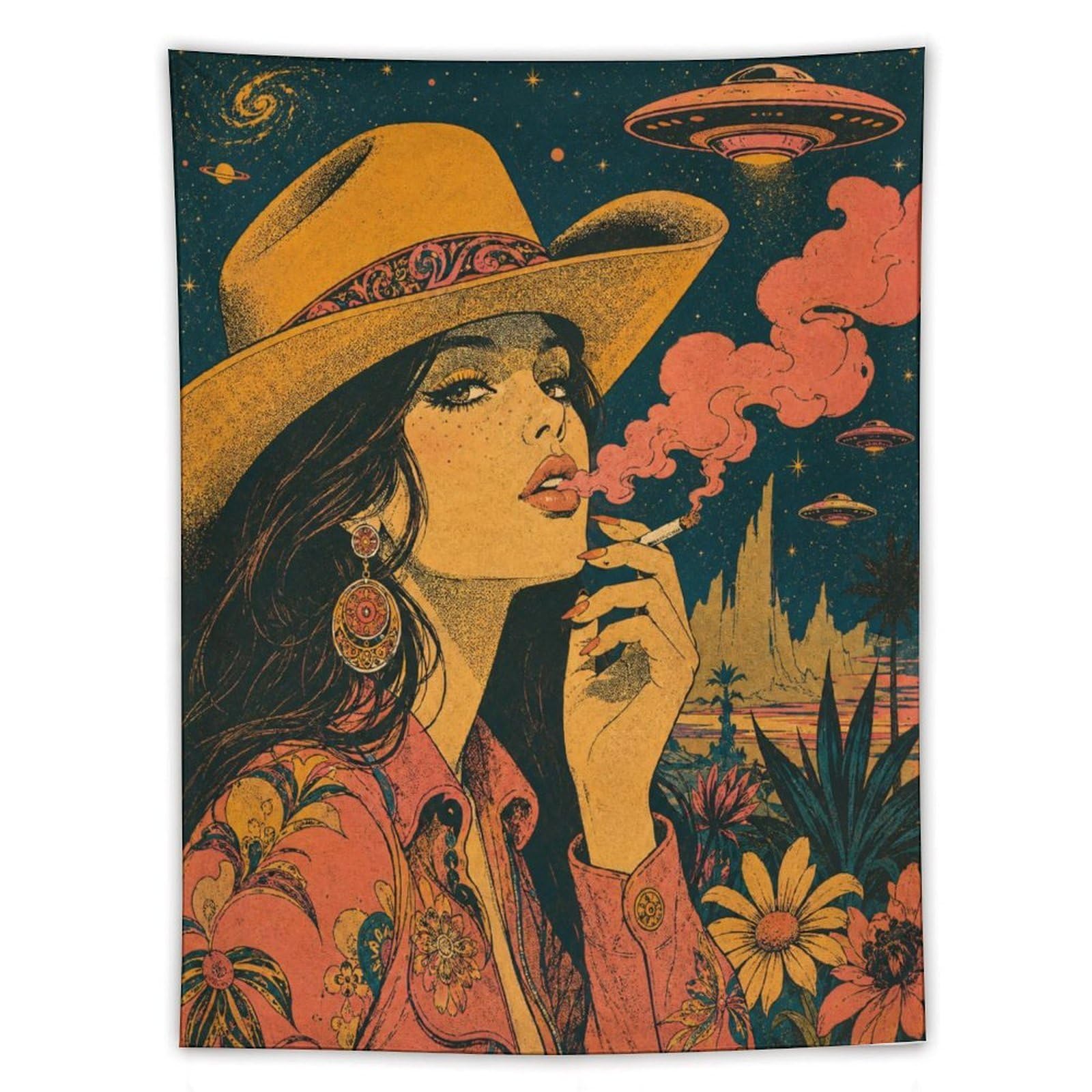 W7C8U2X3 Cowgirl with UFO Wall Tapestry, Vintage Poster, Living Room