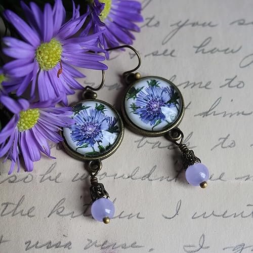 Miniatura 5 de Purple Aster Glass Cabochon Earrings