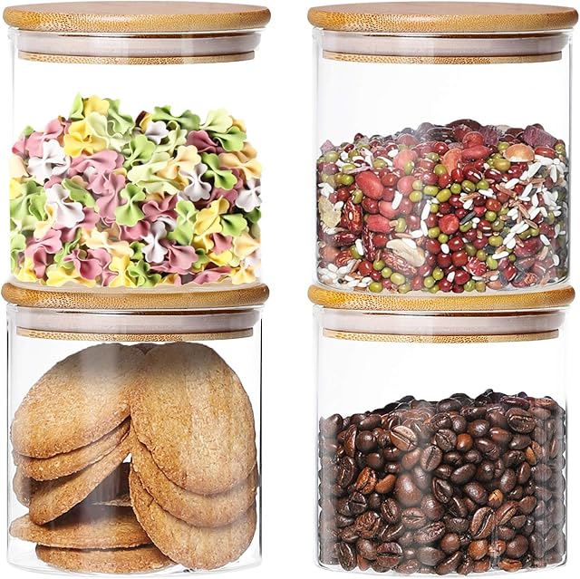 4 Pack Glass Jars with Airtight Bamboo Lids, (Dabacc) Glass Kitchen Canisters Clear Container for Food Storage of Dry Goods, Cookie, Candy, Spices, Coffee Beans and More, 18.6 OZ