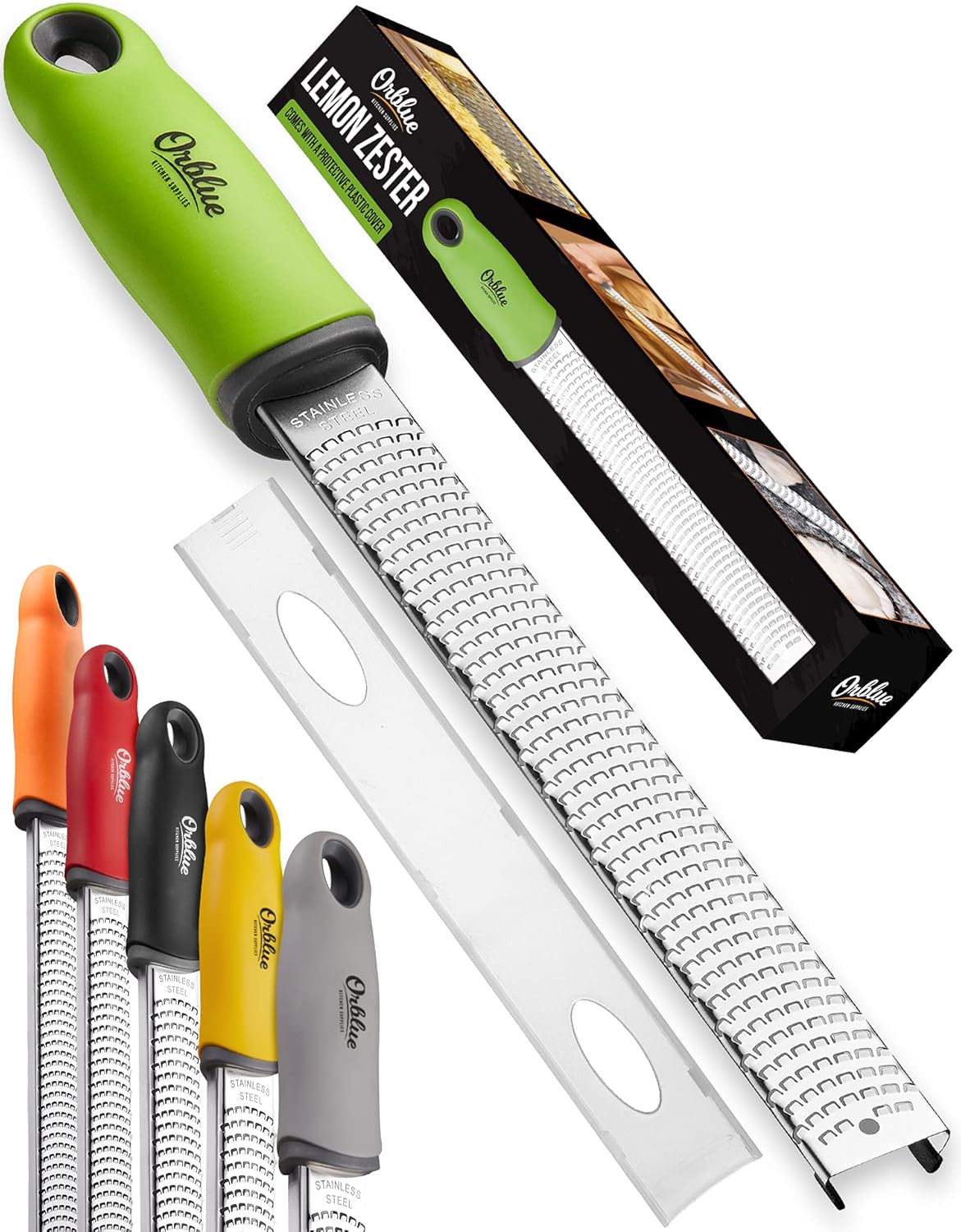 Orblue Lemon Zester & Cheese Grater - Premium Citrus Zester, Kitchen Grater for Parmesan, Chocolate, Fruits, Vegetables, Ginger, Garlic, Nutmeg - Stainless Steel Blades with Protective Cover, Green