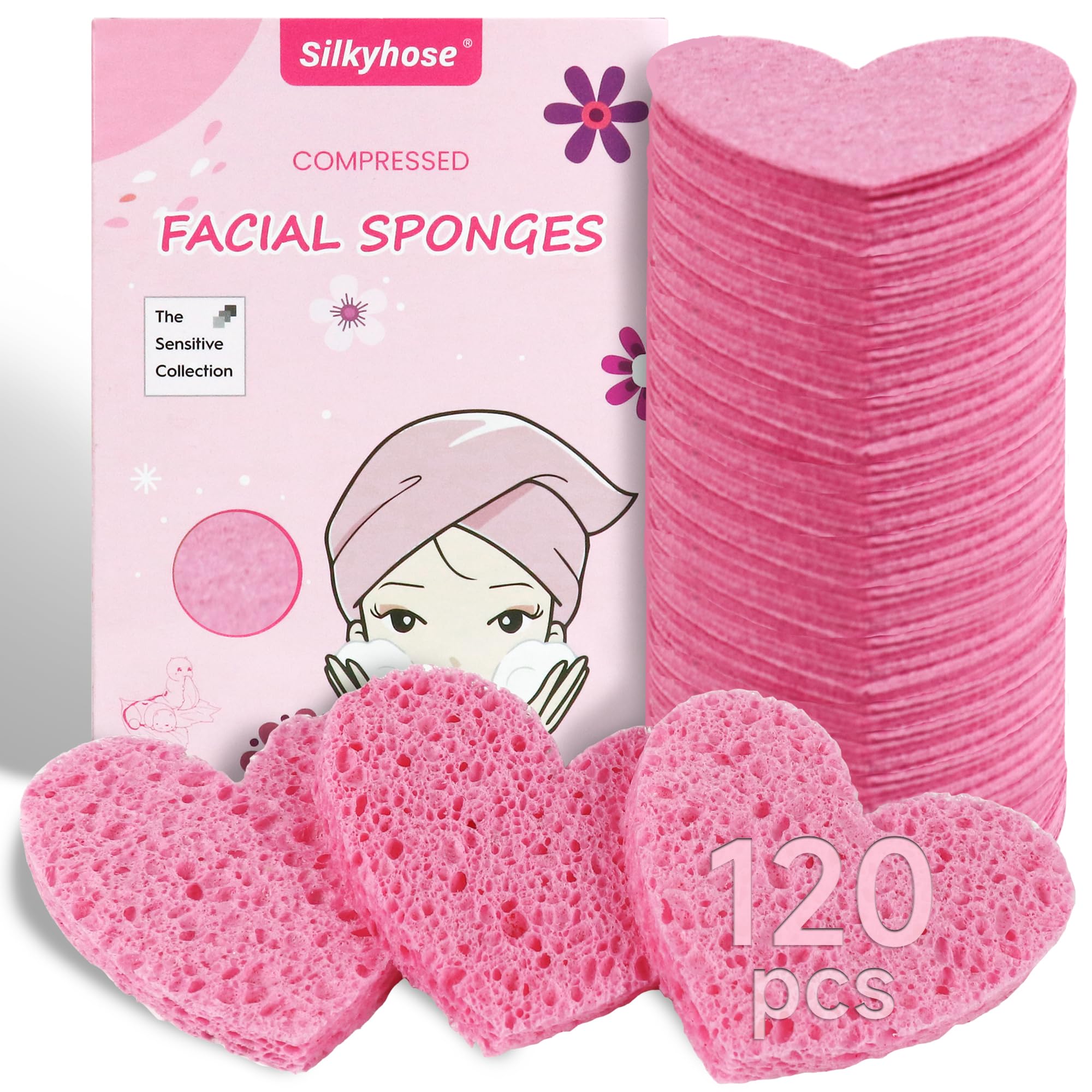 Women 60-Count Compressed Cellulose Heart Shape Face Facial Sponges 100% Natural Cosmetic Sponges for Facial Cleansing Exfoliating Mask Skin Massage (（Pink） 120 Count)