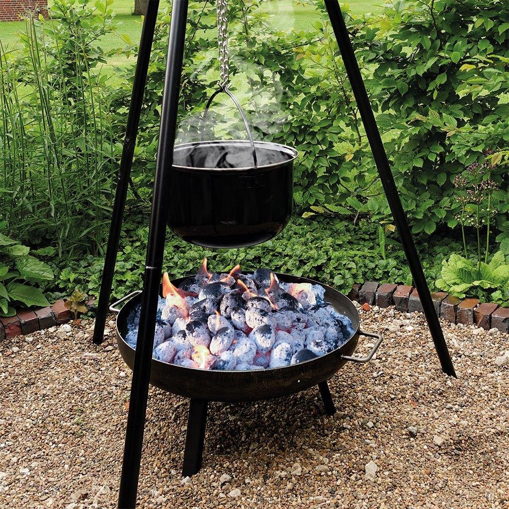 NATIV Schwenkgrill mit Gulaschkessel | Dreibein Grill mit Feuerschale und 2 Flammlachsbretter | Hängegrill mit Gulaschtopf aus Emaille | Grillgestell inkl. Grillrost