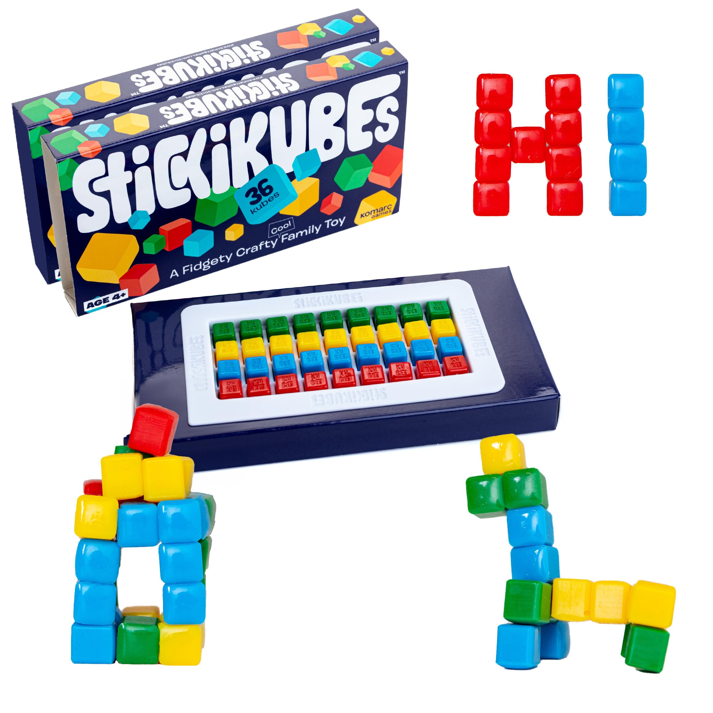 KOMARC GAMES StickiKubes - Mini Stacking Cubes That Stick to Anything - 36 Cubes in 4 Colors