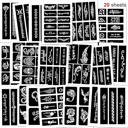 Konsait 123 plantillas grandes de tatuajes temporales, 20 hojas para niños y hombres, plantillas de tatuaje con purpurina para pintura facial,