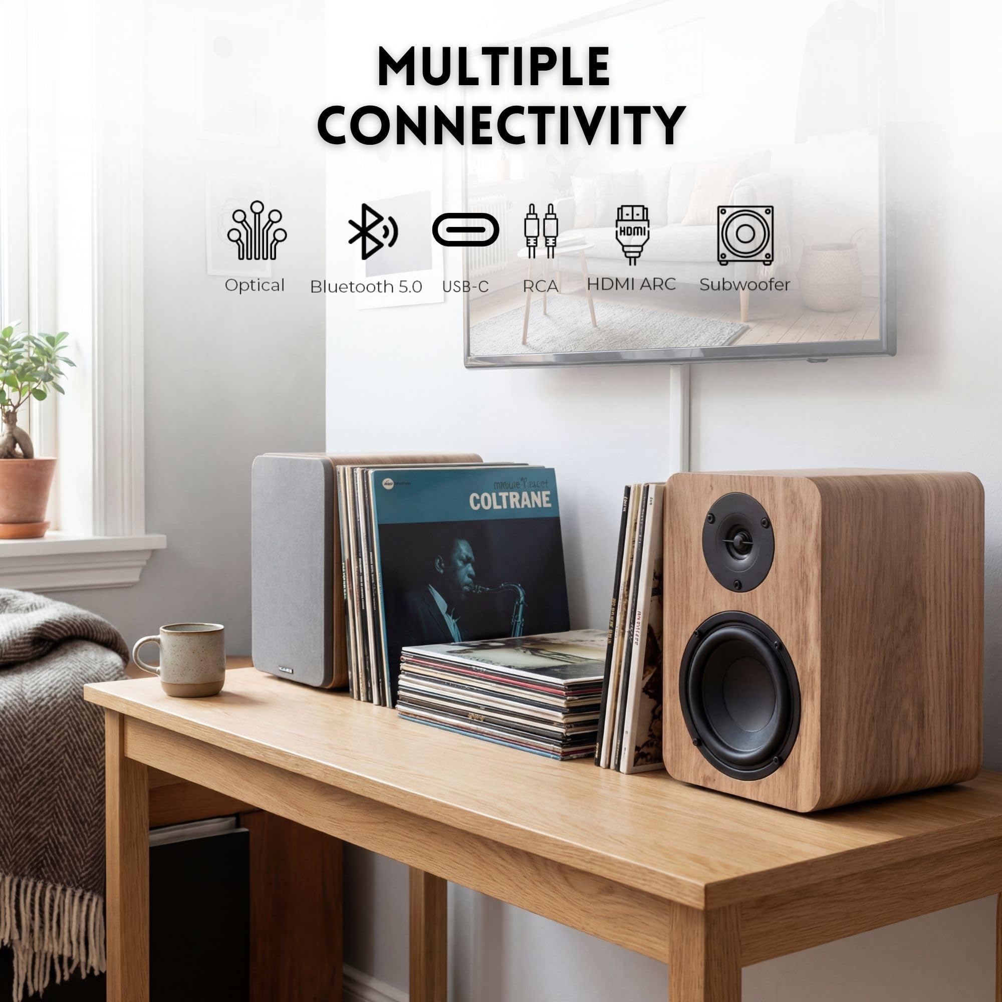 VULKKANO A4 ARC MKII - Altoparlanti autoamplificati con woofer da 4", Bluetooth 5.0, HDMI ARC, ottico, RCA, USB, con uscita subwoofer, monitor da studio dal design elegante, colore marrone