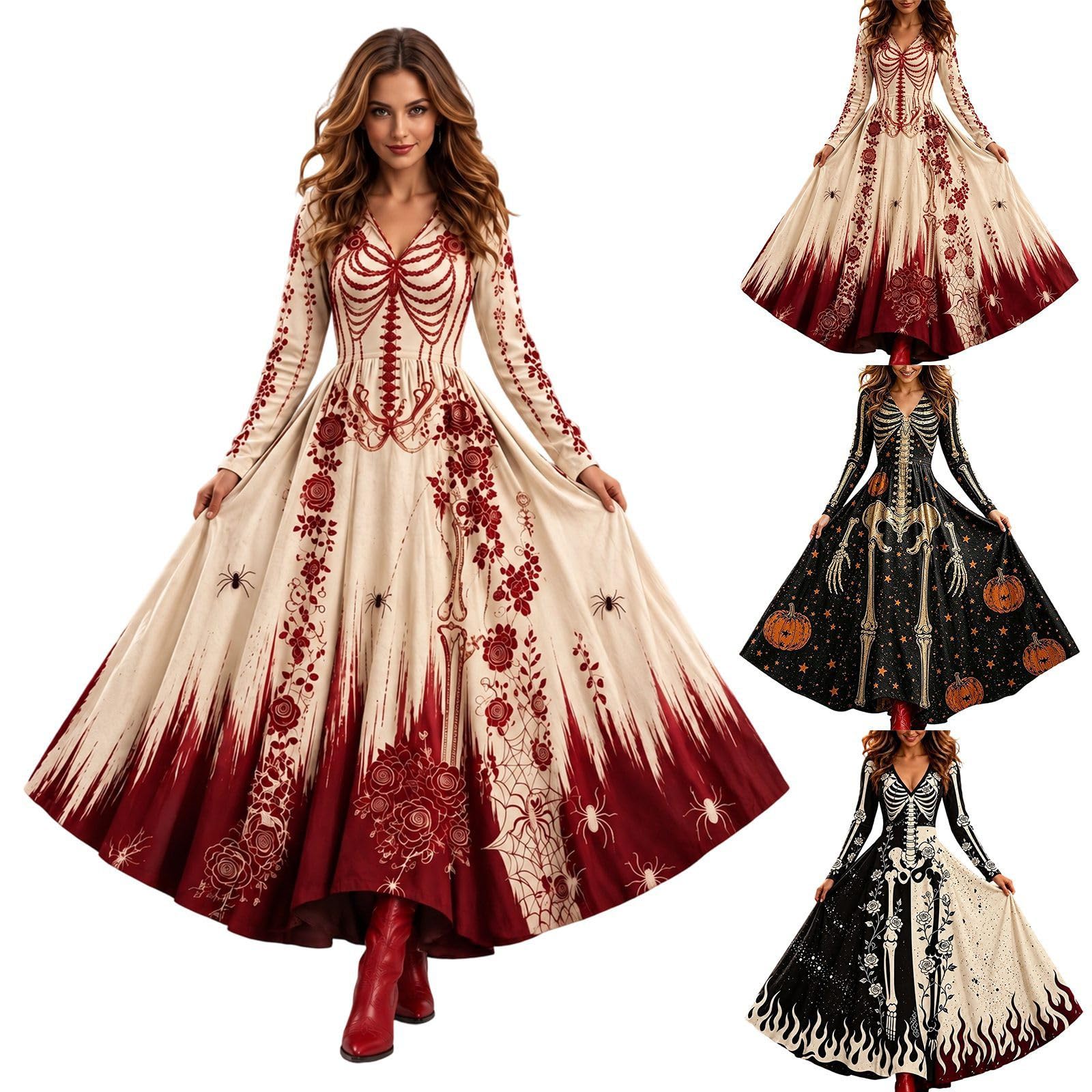 Skeleton Halloween Dress for Women, Gothic V Neck Long Sleeve Maxi Dress with Spooky Print, Flowy Plus Size Costume Dress for Halloween Cosplay Party, Skeleton Dress