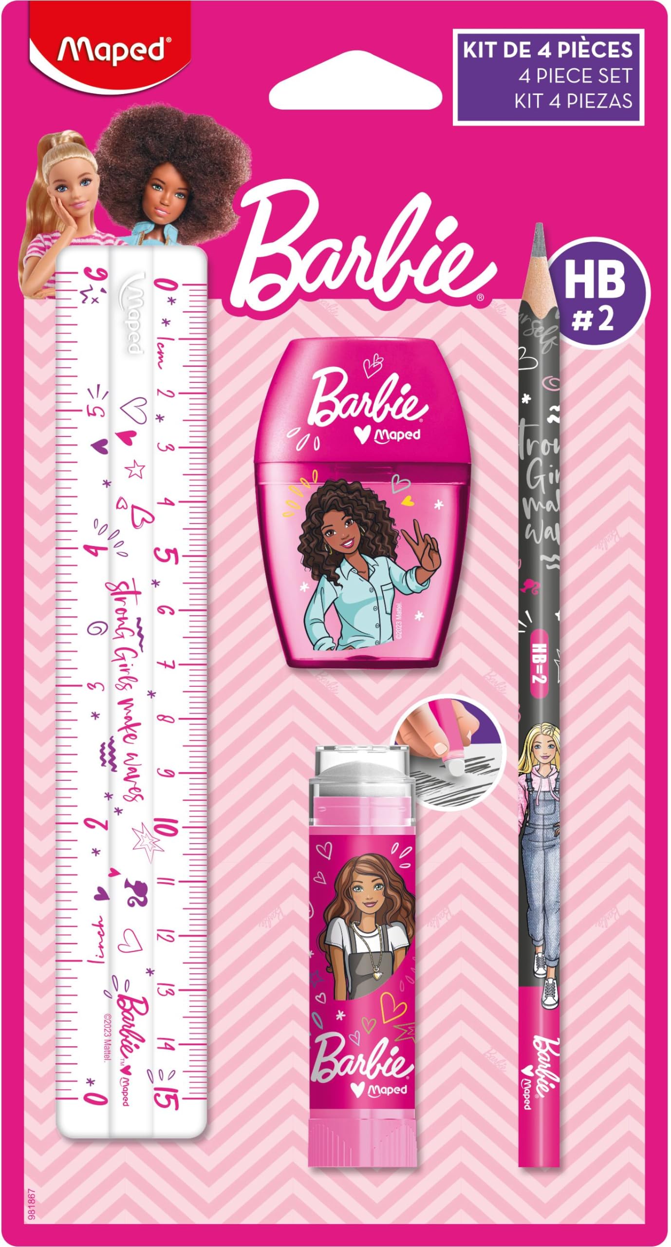 Maped - Barbie Stationery Set 4 Pieces - 1 Transparent Ruler 15 cm + 1 Pencil Sharpener 1 Hole + 1 Protected Tube Eraser + 1 HB Paper Pencil - Official Barbie Licence