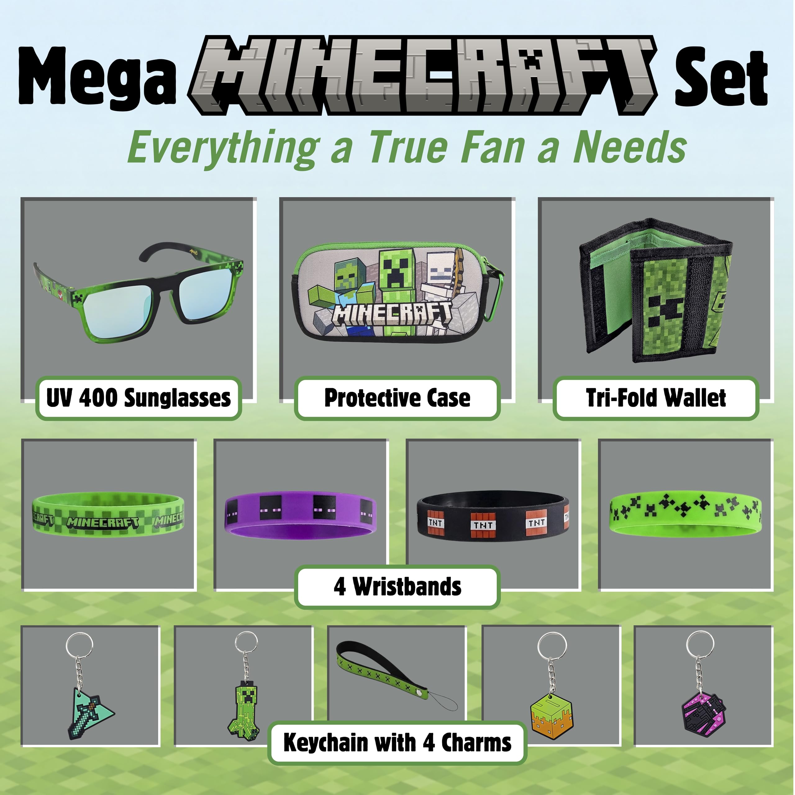 ARKAID Minecraft Mega - Juego de regalo para niños, más de 10 piezas, incluyendo cartera de tres pliegues, gafas de sol UV 400, funda protectora, 4 pulseras más llavero con 4 dijes oficiales de