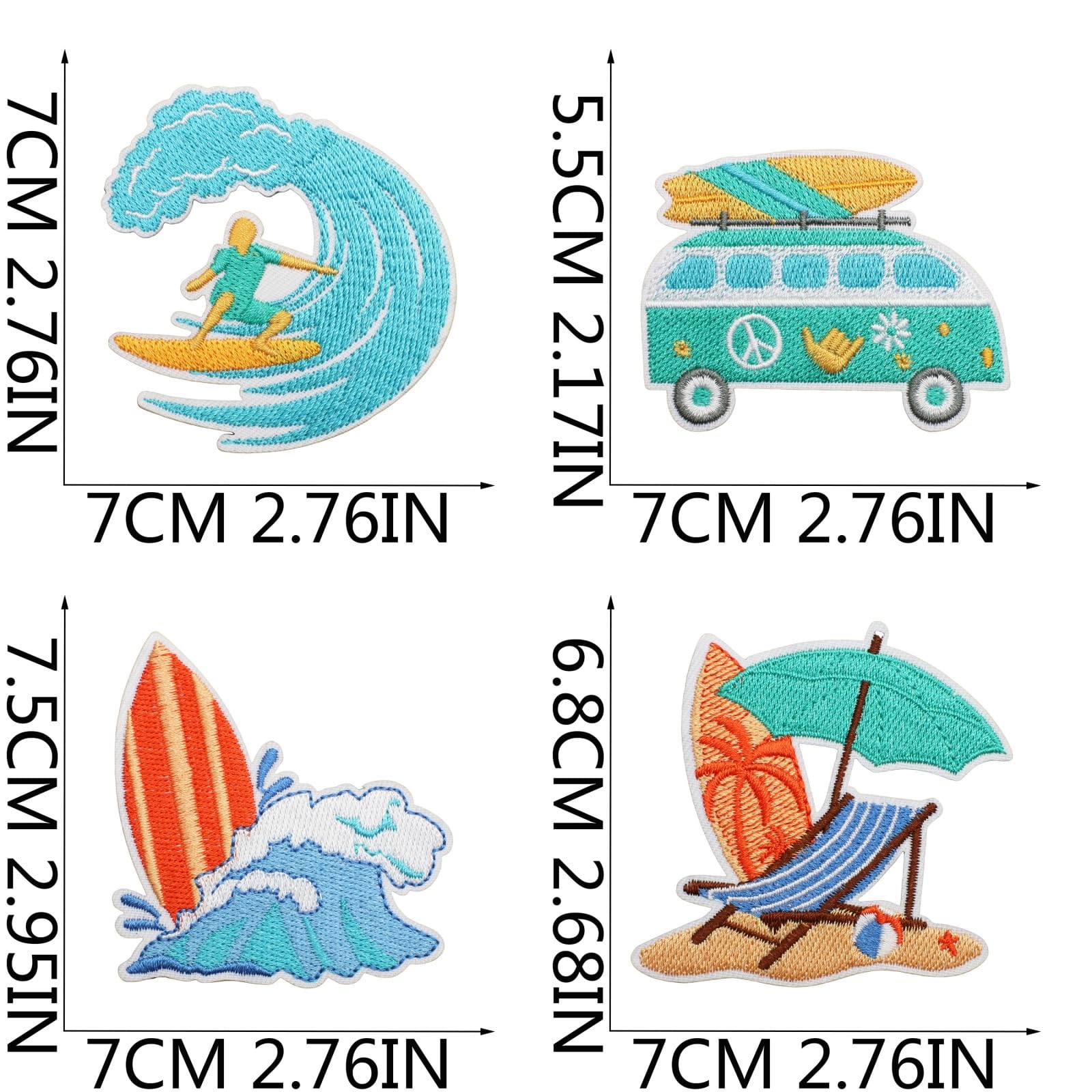 Juego de 10 parches bordados con temática de playa de verano con diseños de tabla de surf y ondas. Hecho por costura por computadora. Bueno para decorar coches de playa, tablas de surf o hacer