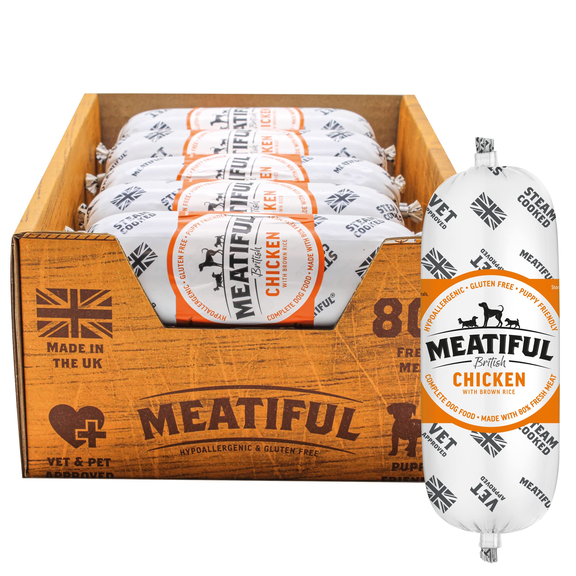 Meatiful | Complete Wet Dog Food, British Chicken with Brown Rice | Natural Ingredients with Added Vitamins & Minerals | 80% Fresh Chicken | Hypoallergenic & Gluten Free (10 x 320g)
