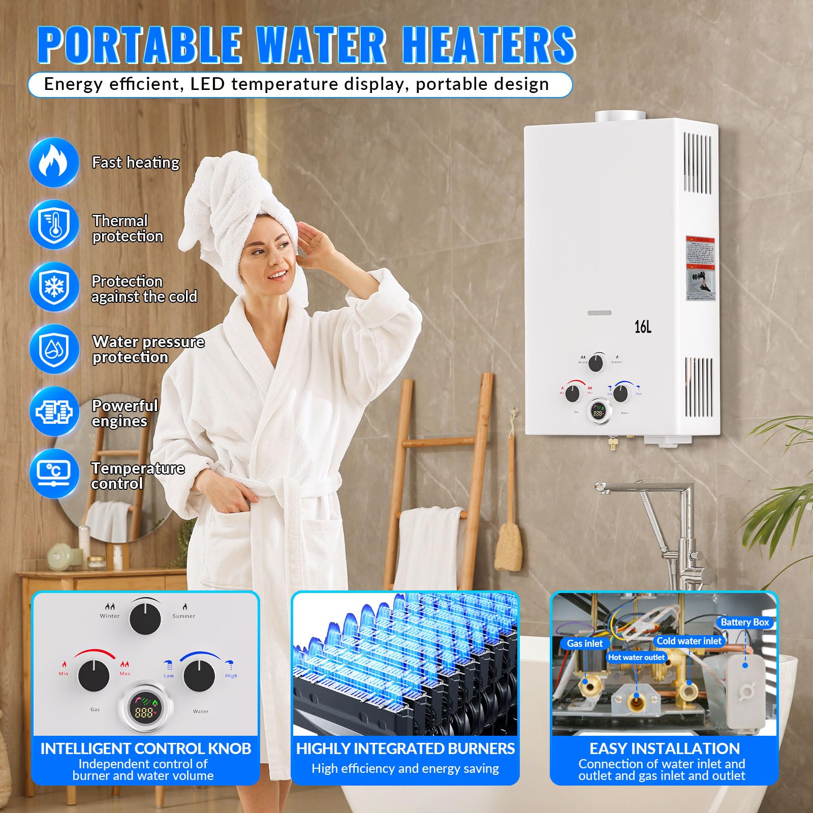 Scaldabagno a Gas 16L, All'aperto Portatile Scaldabagno Istantaneo a Propano con Display Digitale Multi-Protezione, Parete senza Serbatoio Scaldacqua Istantaneo Automatico, bianco