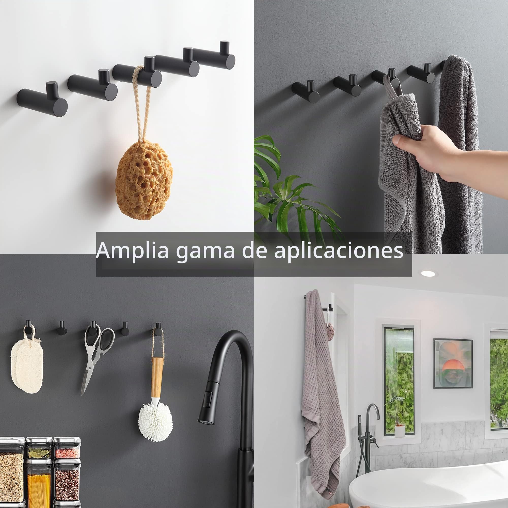 BVL Ganchos de toalla negros, 5 paquetes de ganchos para abrigos montados en la pared, 304 ganchos de acero inoxidable para baño y cocina