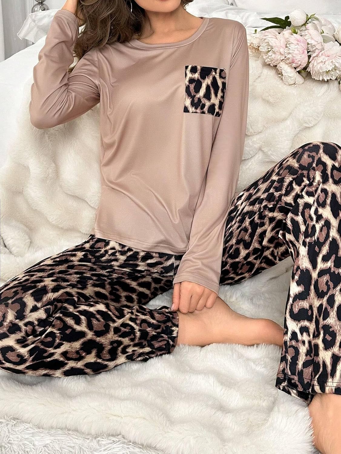 ZAFUL Women's Leopard Print Pajama Set Long Sleeve T-Shirt And Pants Pjs Sleepwear 2 Piece Lounge Set - Image 6