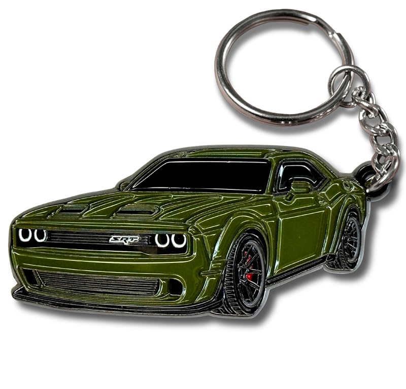 Chaveiro automotivo Dodge Challenger em metal com detalhes em esmalte verde FOUR WHEEL BEAST