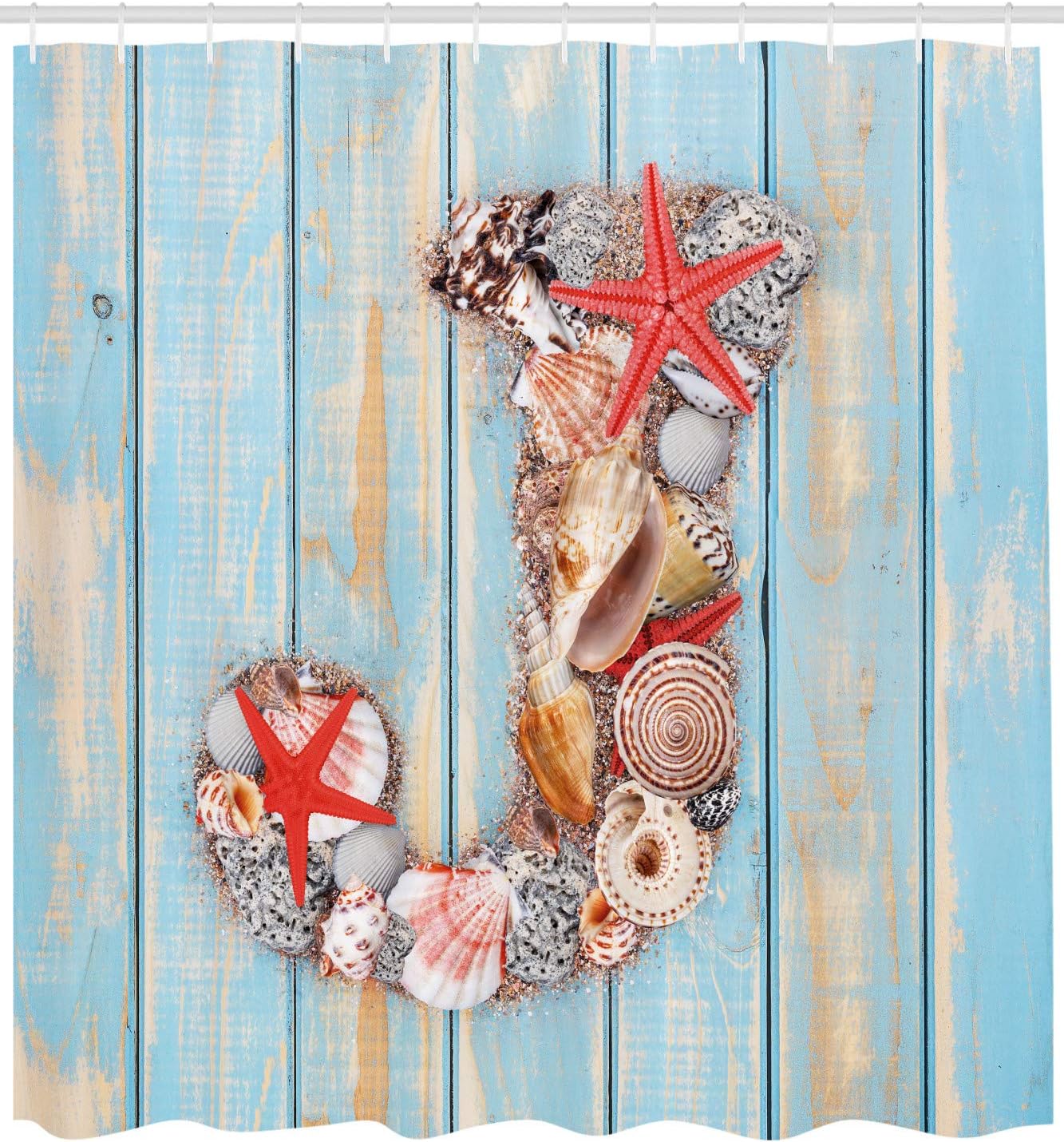 Ambesonne Letter J Shower Curtain, Summer Holiday on Tropical Beach Theme J Rustic Old Wood Planks, Cloth Fabric Bathroom Decor Set with Hooks, 69" W x 84" L, Dark Coral Pale Blue