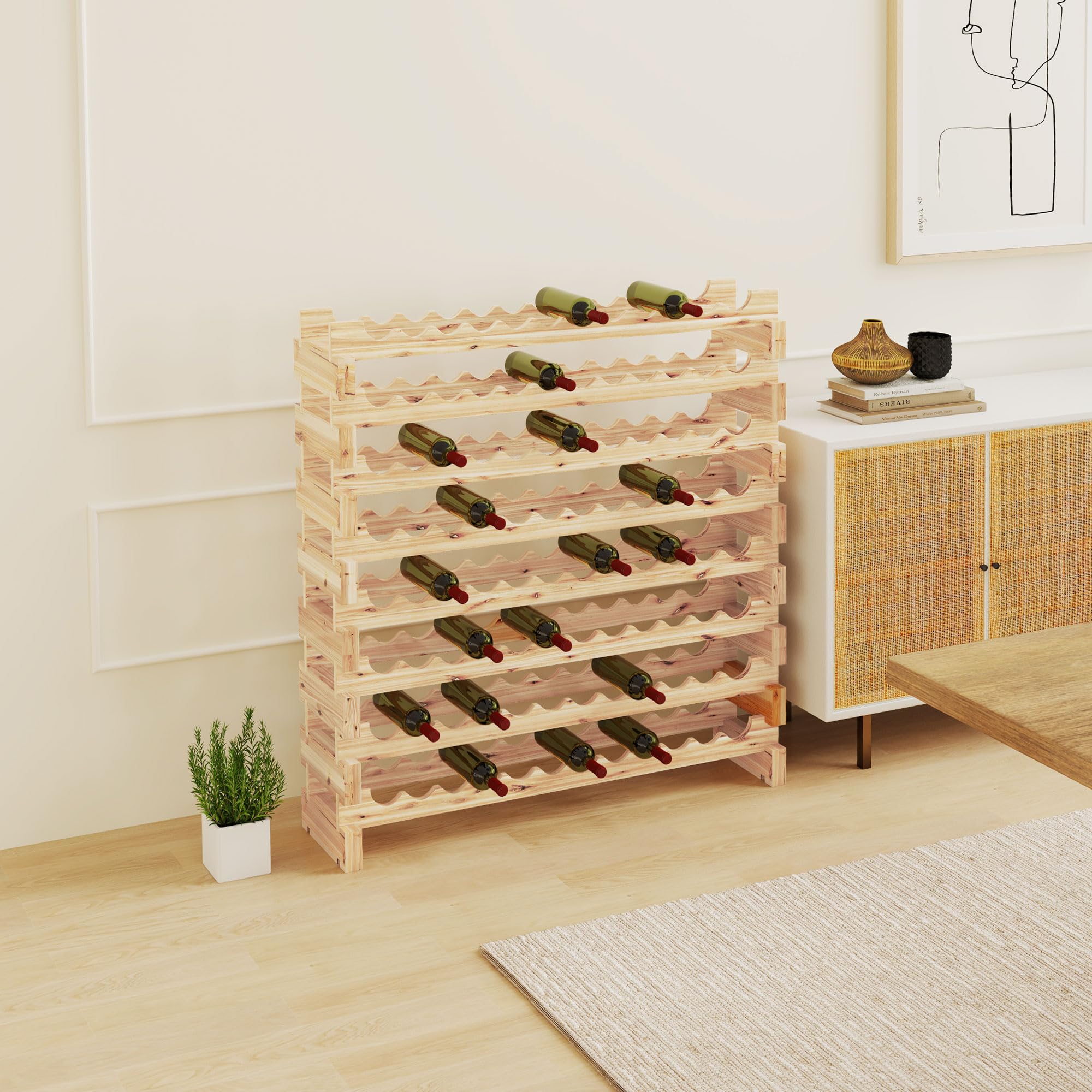 HOMCOM Botellero para 96 botellas, botellero con 8 niveles, modular y apilable, botellero de abeto macizo, para bodegas, bares, sótanos, 114×28×113,5cm, madera natural