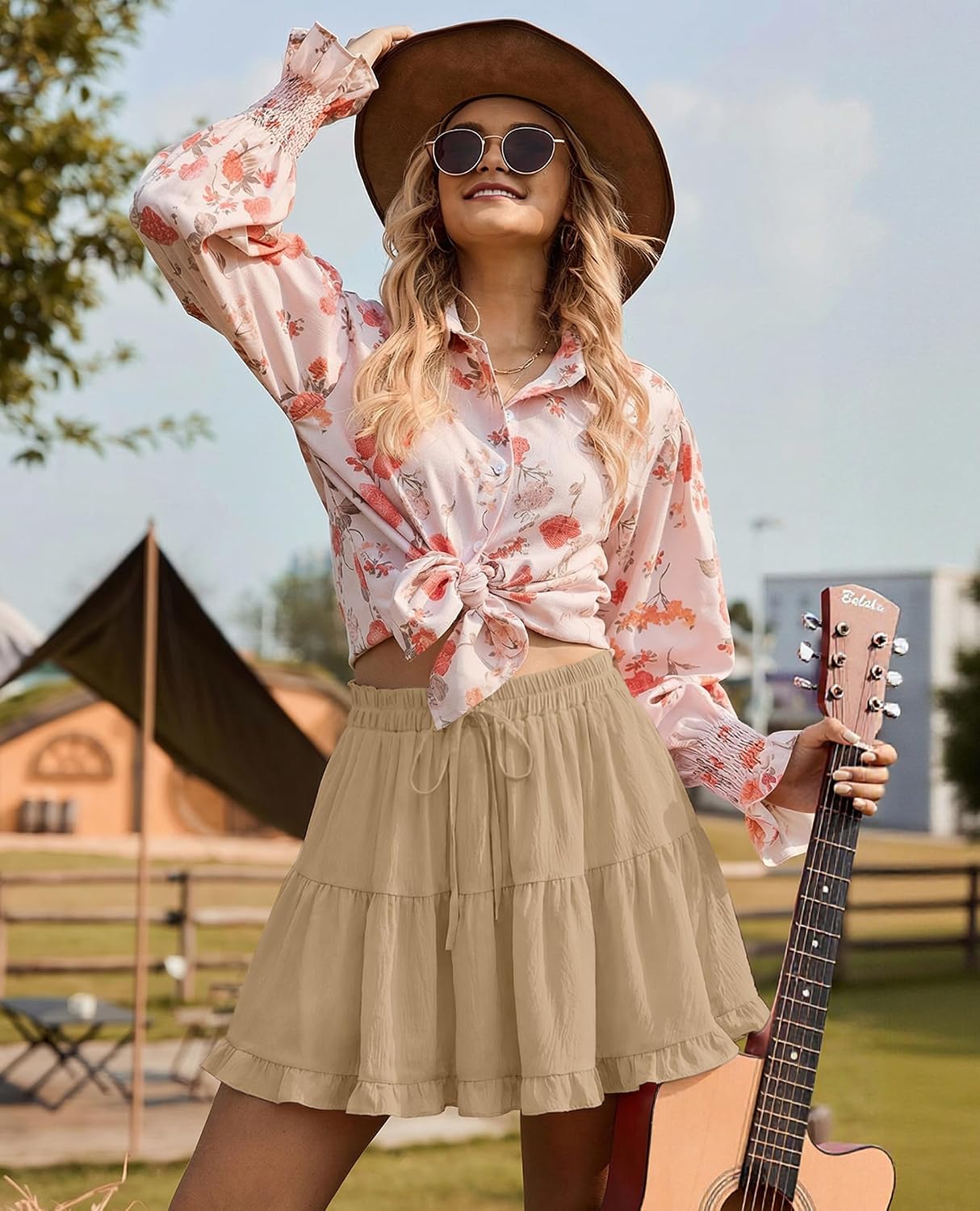 Uhiger Flowy Skorts for Women High Waisted Ruffle Tiered Mini Skirt with Shorts Underneath Casual Boho Tennis Golf