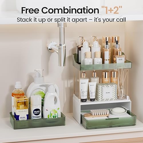 Vista 65 de Delamu Organizador y almacenamiento de baño, 2 niveles y 2 cajones, organizador de maquillaje, fácil de instalar, ideal para encimera de baño