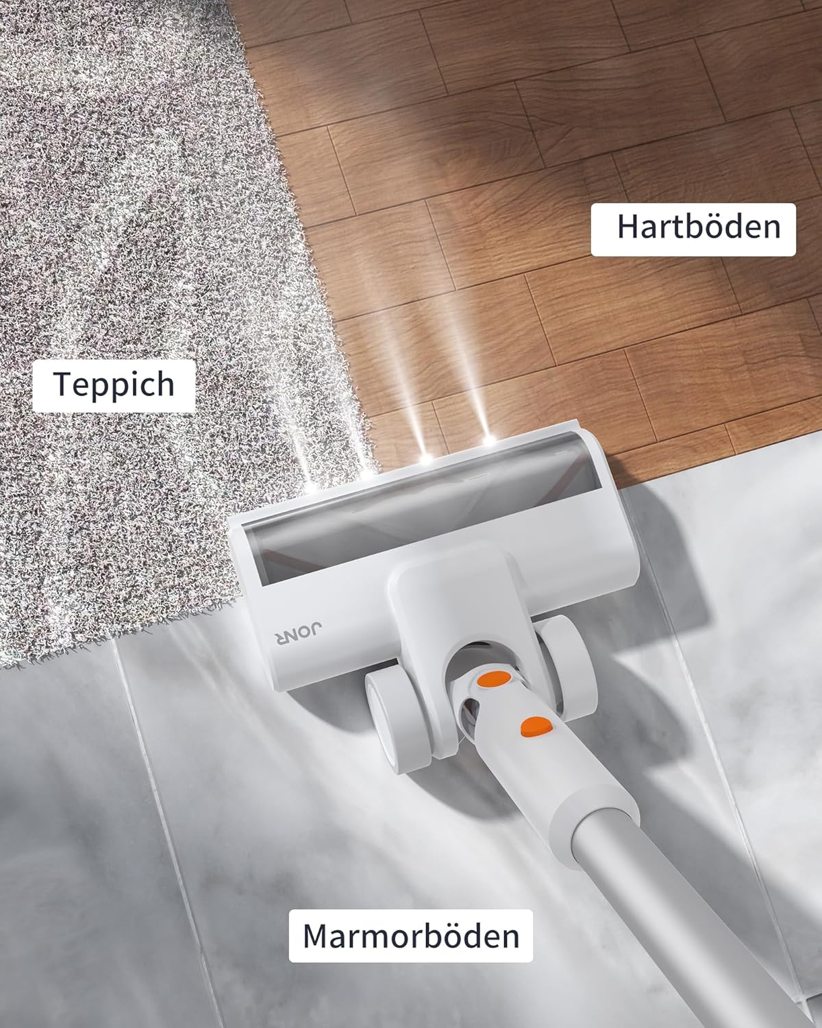 JONR VC10 Pro floor brush cleaning carpet, hard floors, and marble floors