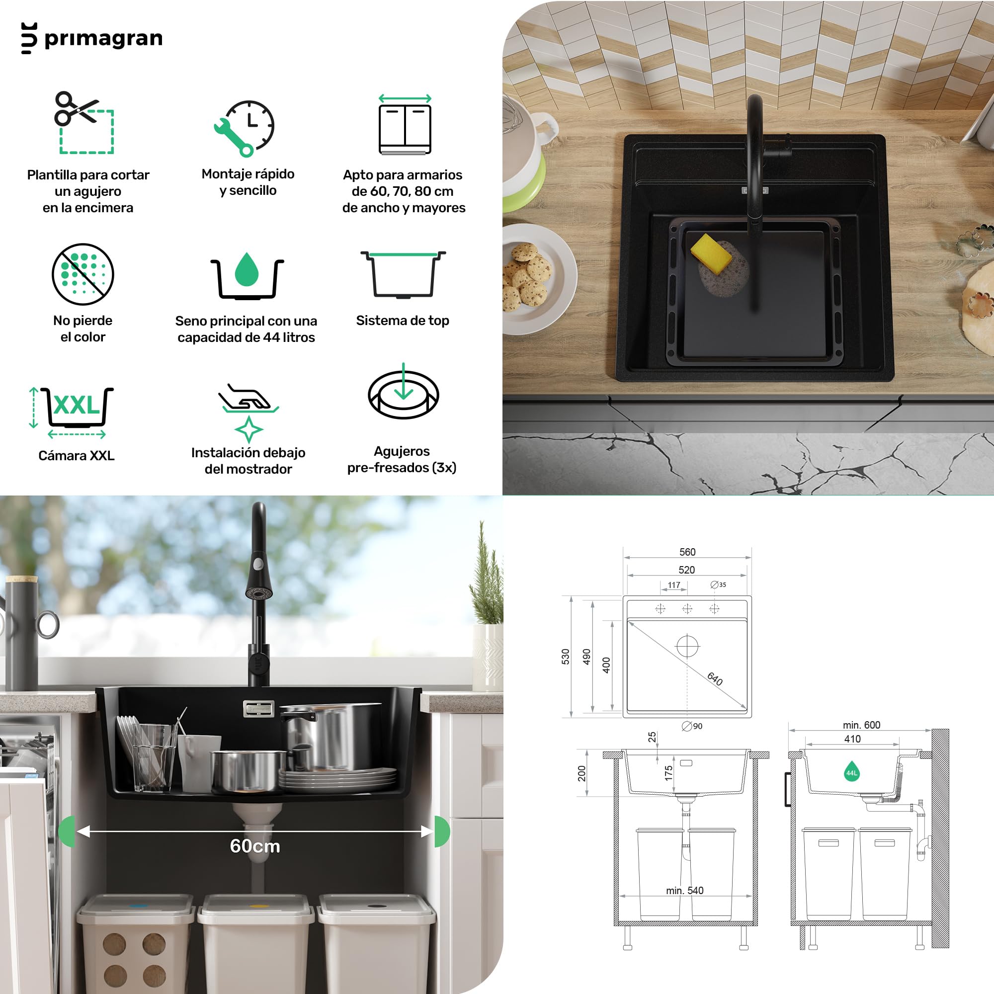 PRIMAGRAN Fregadero Granito Todo Negro - Bergen Low Cut Top Slim, 56x53cm | Cocina 1 Seno + Grifo 38x14cm + Zuberhor-Set, sobre Encimera al Mueble 60cm (S220)