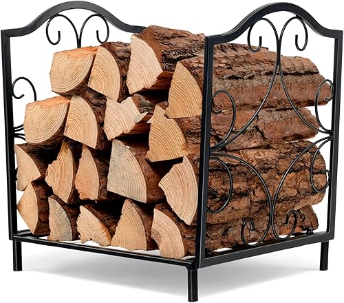 Tangkula Estante para leña, soporte de tronco de acero resistente para interiores y exteriores, para almacenamiento de madera en chimenea, soporte