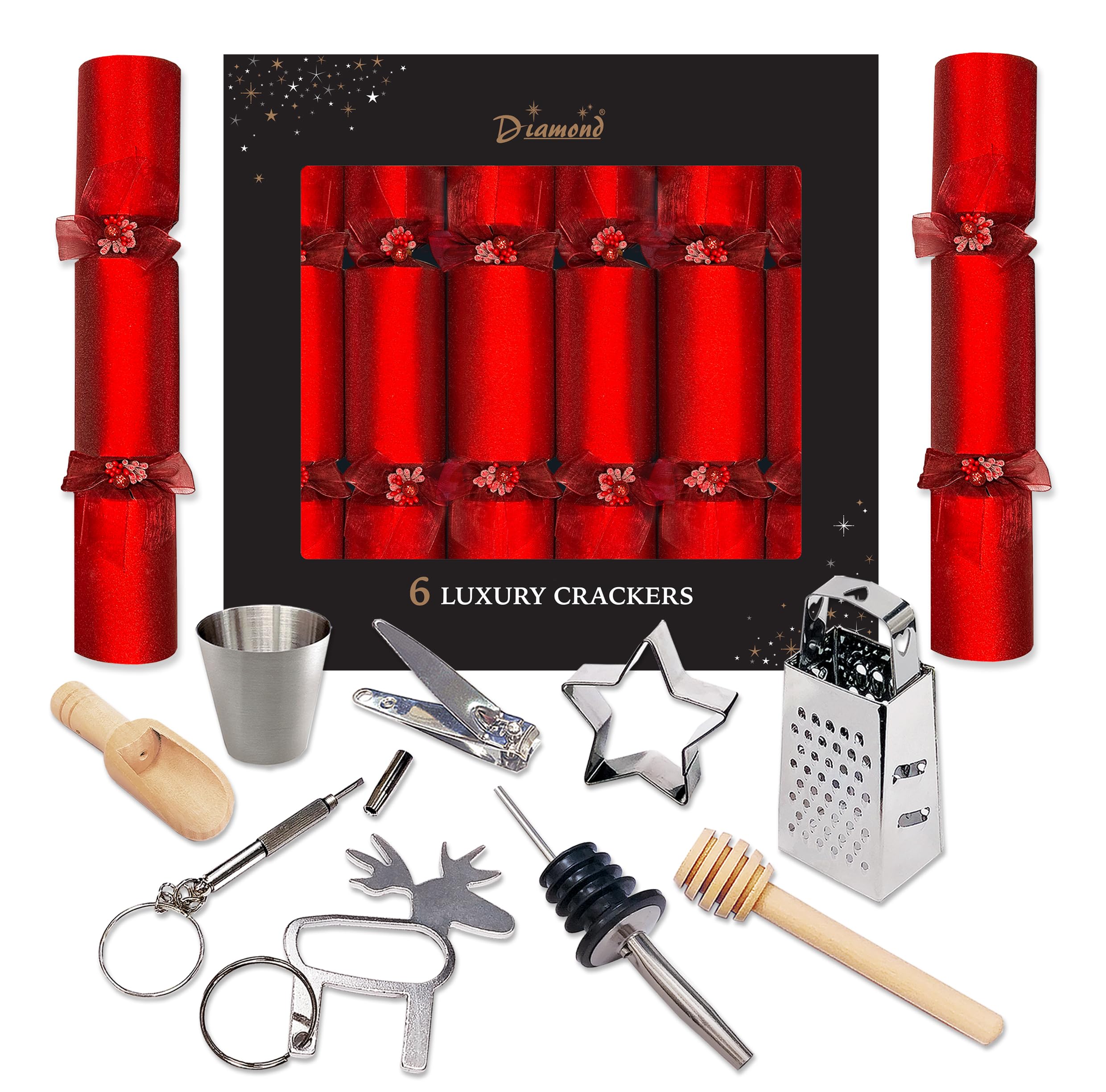 Diamond Christmas Crackers Multicolor Lux Christmas Crackers Pack 6 X 14.5In Traditional Red Glitter With Supreme Contents + 8Pcs Of Party Photo Booth Props - By Diamond Brand