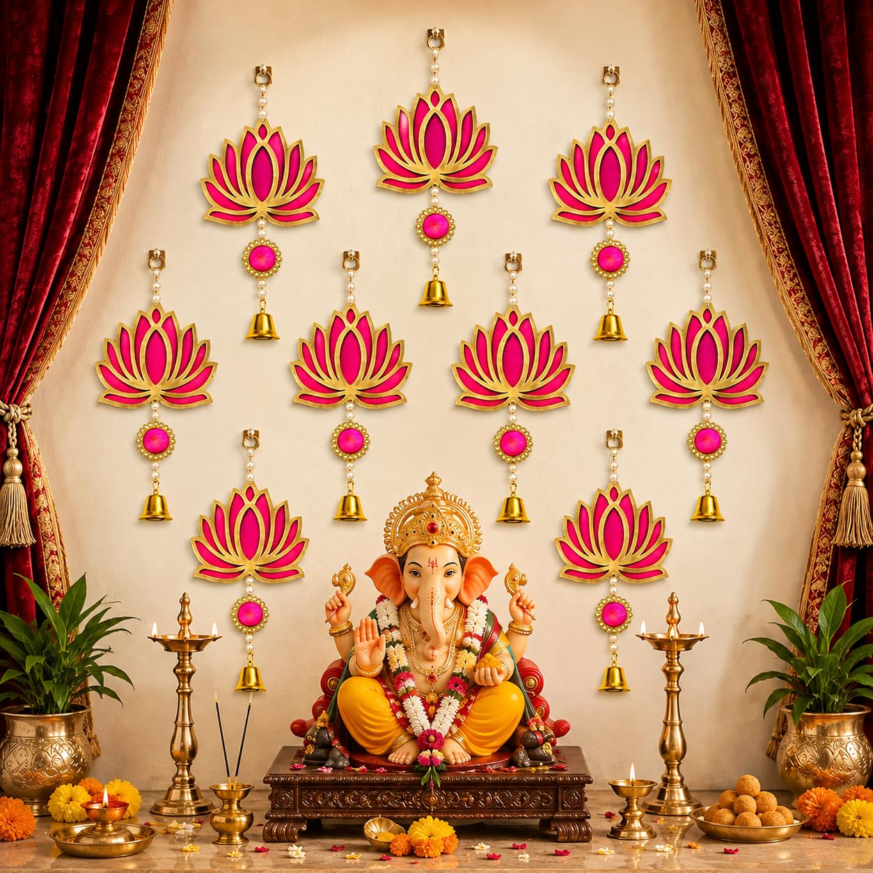 TIED RIBBONS Pack of 10 Wall Door Hanging Lotus Latkan Toran with Bells (22.8 cm x 9.6 cm) - Main Door Entrance Pooja Room Temple Wedding Festival - Decoration Items for Ganesh Chaturthi Home Décor